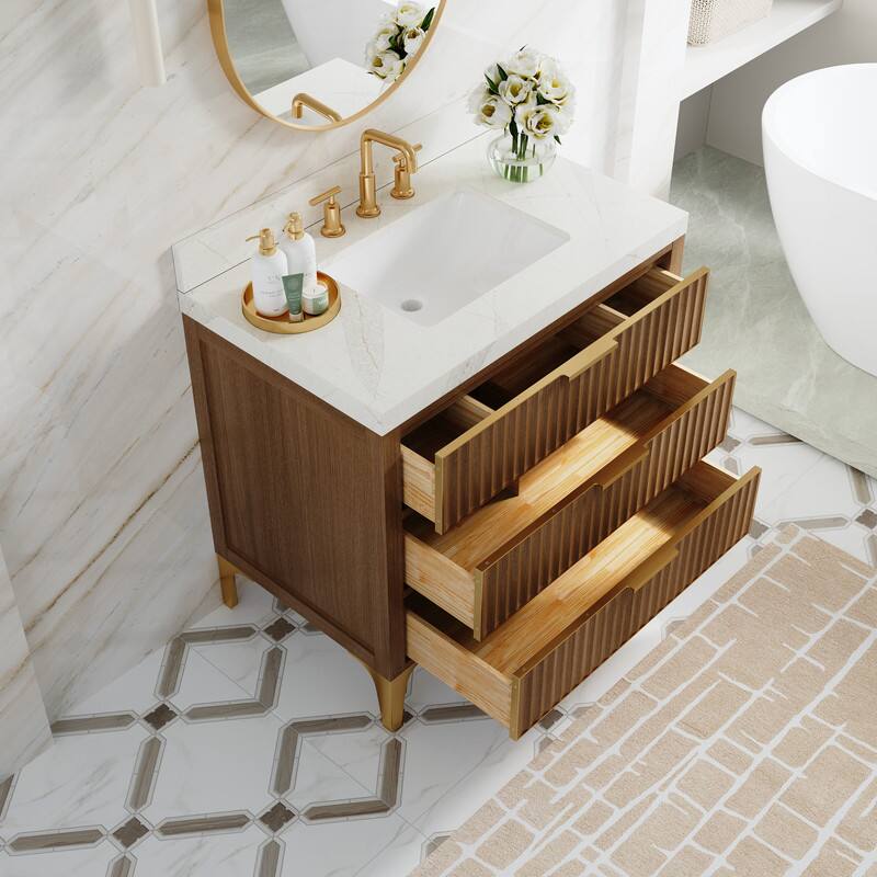 Left. WELLFOR - 36 in Solid Oak Bathroom Vanity with Sink, Wood Bathroom Cabinet with Calacatta Quartz Countertop &3 Dovetail Drawers - Oak.