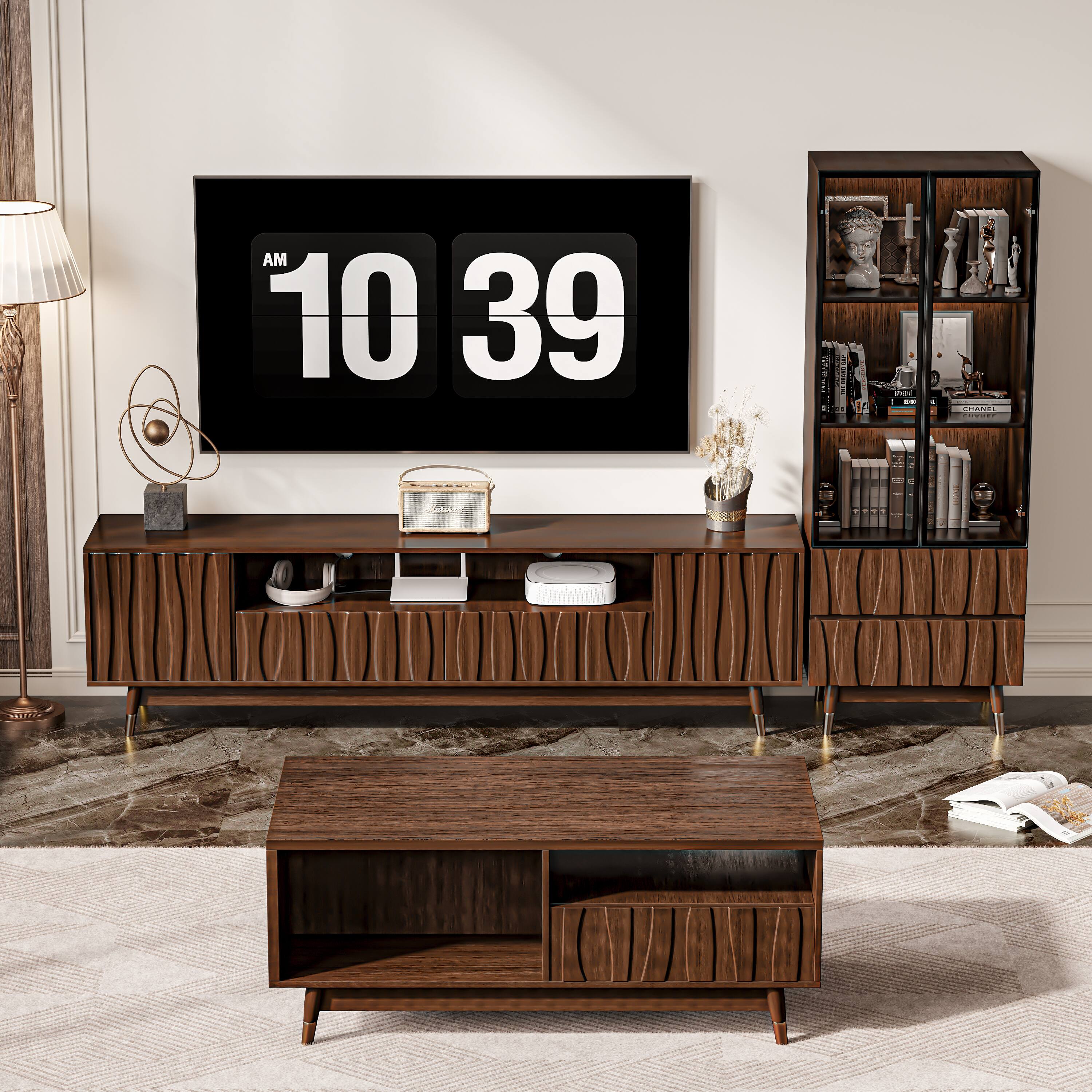 Alt View 2. MSOOB - TV Stand and Glass Display Cabinet coffee table Set, Mid-Century Modern Living Room Entertainment Center Up to 85" TV - brown.