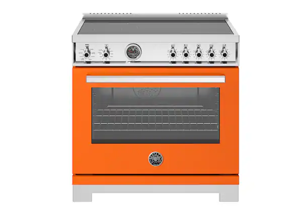 Front. Bertazzoni - 36" Professional Series range - Electric self clean oven - 5 induction zones - Orange.