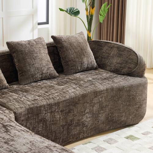 Alt View 1. Anysun - Chenille L-Shape Compressed Sofa - High-Elastic Sponge, Curved Armrests & 4 Throw Pillows for Living Room - Brown.