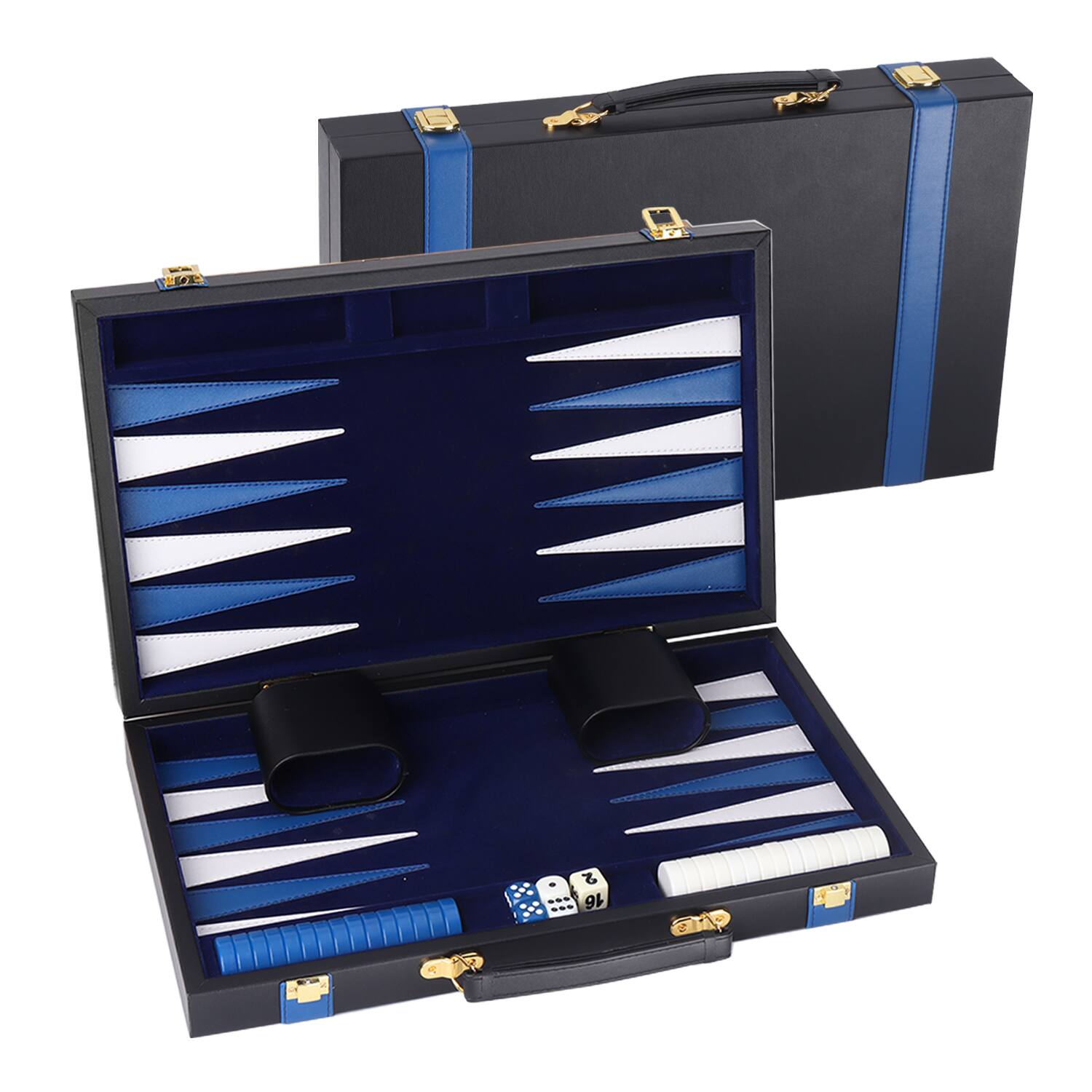 Front. GSE Games & Sports Expert - Premium Leather Backgammon Board Game Set, Backgammon Game Set with Leather Case -Black&Blue, Large.
