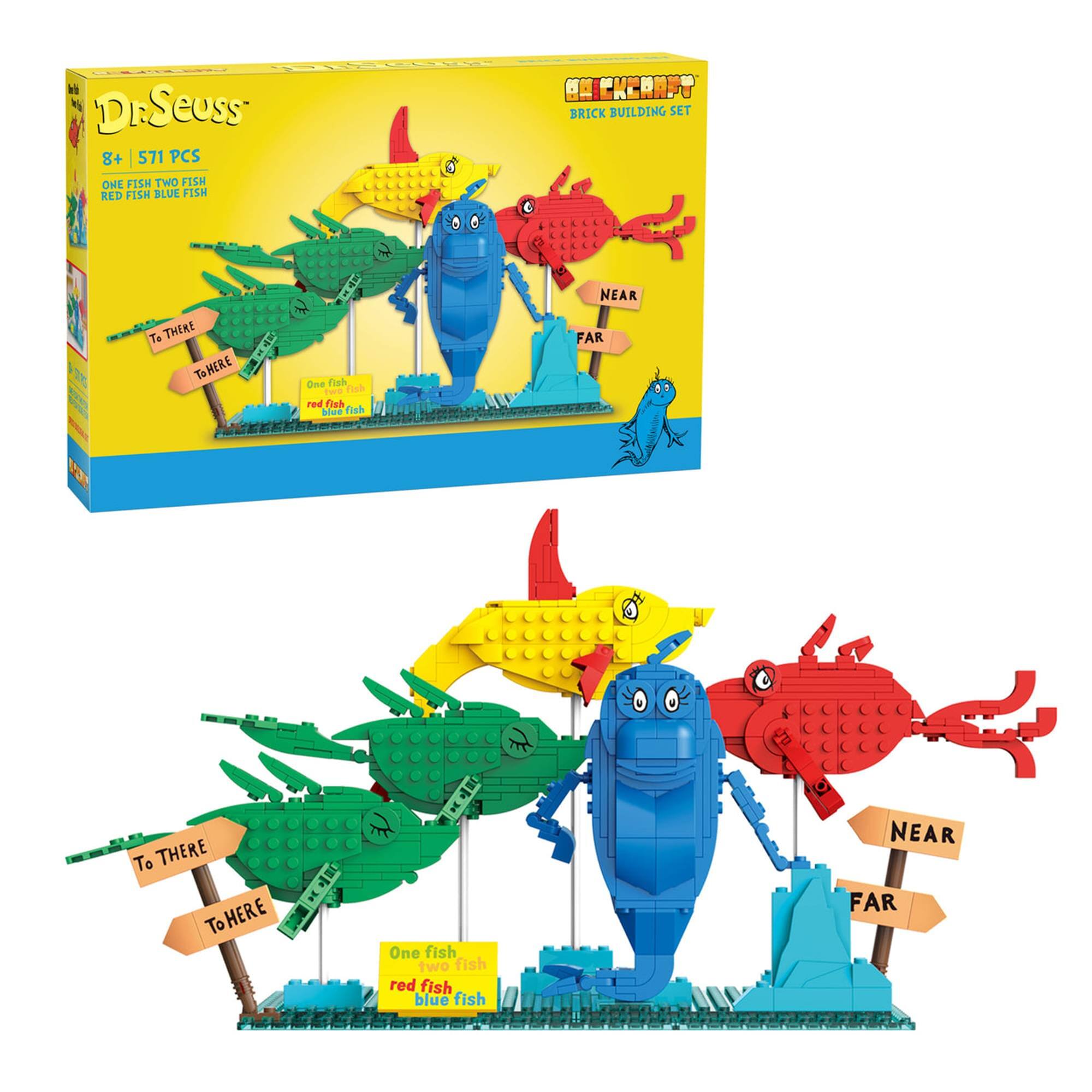 L h BECKERNFT DrSeuss BRICK BUILDING SET 8+ 571 PCS 4 ONE FISH TWO FISH RED FISH BLUE FISH e 1 NEAR Te THERE To TOHERE  1 Dne fsh hwe cah red fiah biue fish FAR  To THERE TOHERE T 4 One fish two fish red fish blue fish NEAR FAR