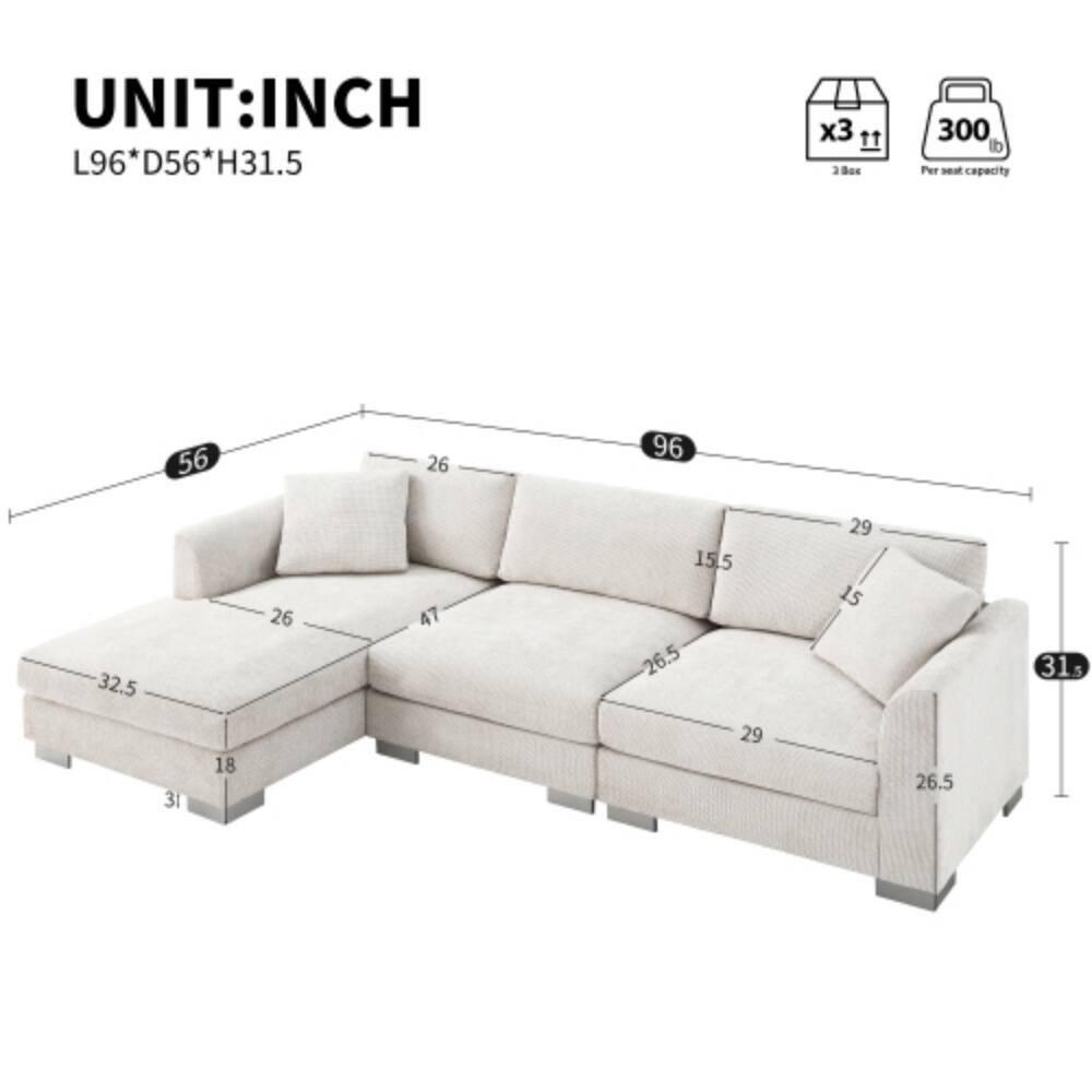 UNIT: INCH  
L96 * D56 * H31.5  
x3 11  
300 lb Per seat capacity  
56  
26  
96  
32.5  
31  
18  
26  
15.5  
26.5  
29  
29  
15  
26.5  
31