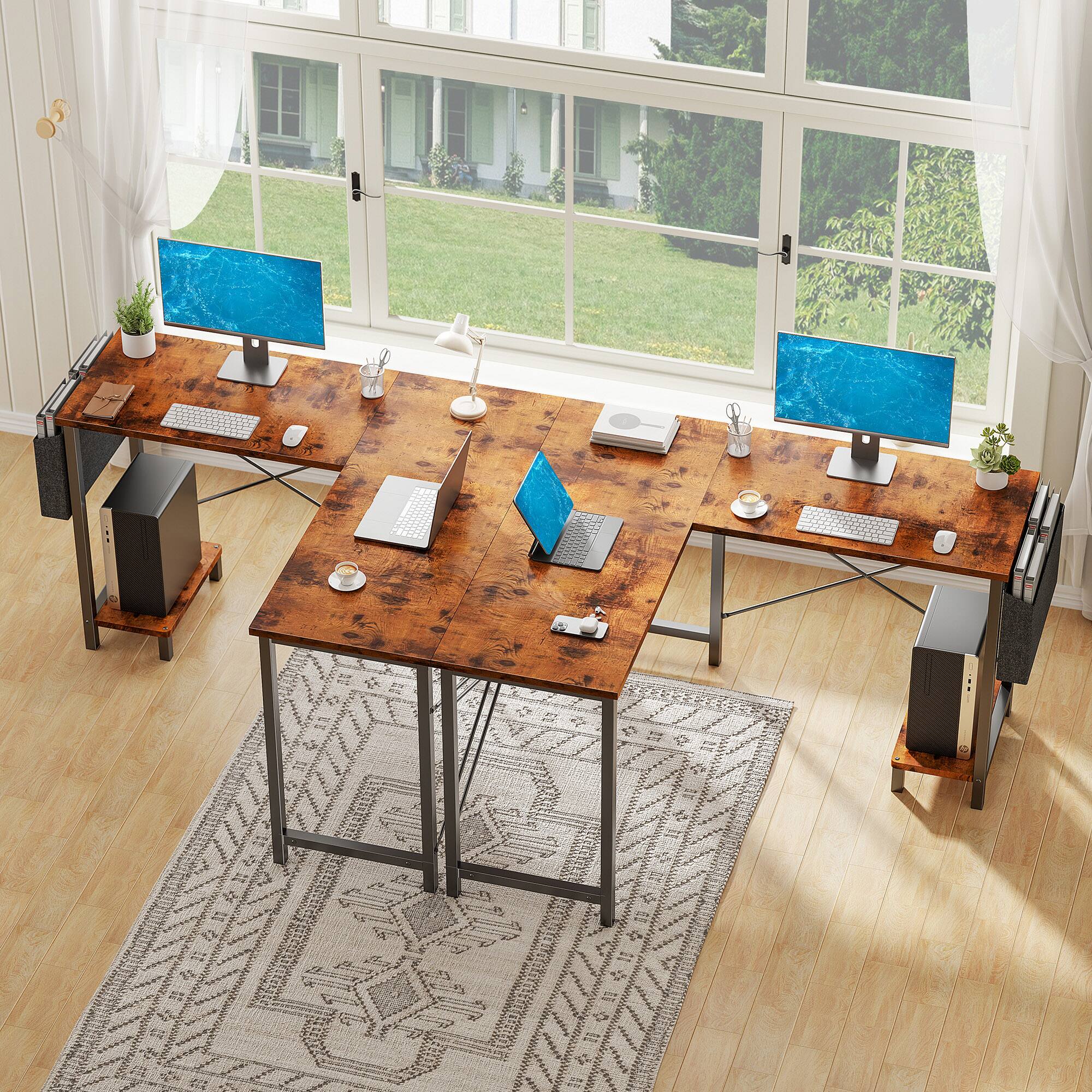 Angle. Bestier - 49in L Shaped Desk, Computer Desk Corner Desks Gaming Desk PC Table for Home Office Workstation - Brown.