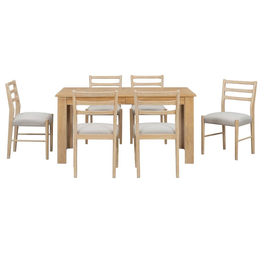 Alt View 7. Loheer - Loheer 7-Piece Farmhouse Dining Table Set Extendable Wooden Dining Set with Leaf 6 Upholstered Chairs Natural Wood Wash - Natural Wood Wash.