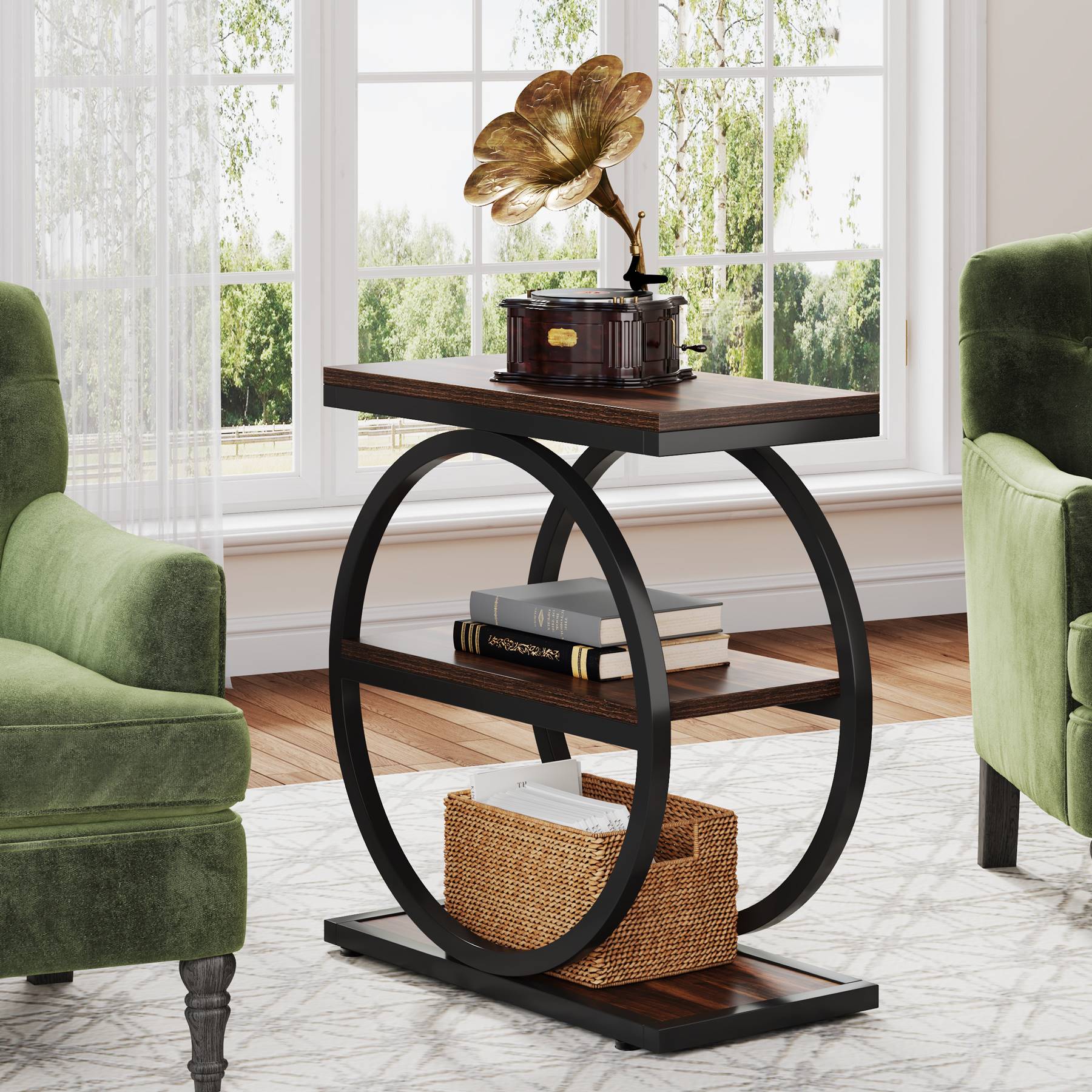 Alt View 1. Tribesigns - Industrial End Table with Engineered Wood Construction, Space-Saving Design and Round Top for Bedroom - Brown.