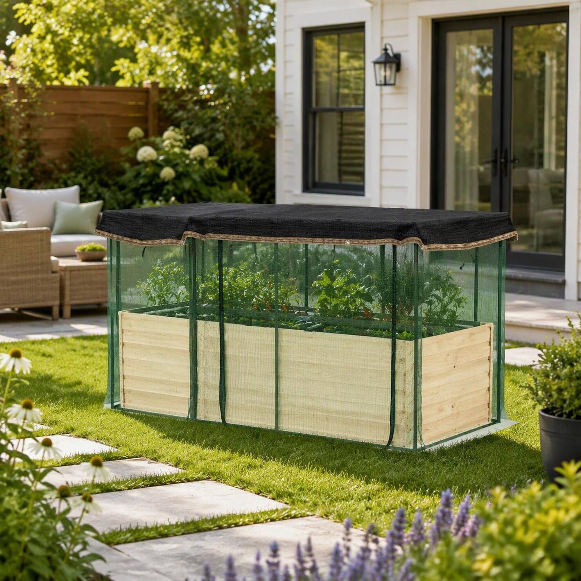 Angle. RYHNUYNE - Galvanized Steel Raised Garden Bed with Crop Cage and Shade Cloth, 90.5x43.25x43.25 Inch, Beige Planter - Beige.