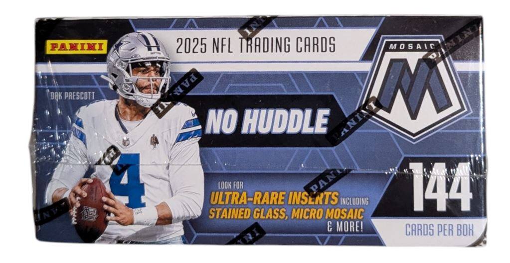 2025 NFL Trading Cards  
Mosaic  
No Huddle  
Dak Prescott  
Look for ultra-rare inserts including stained glass, micro mosaic & more!  
144 cards per box