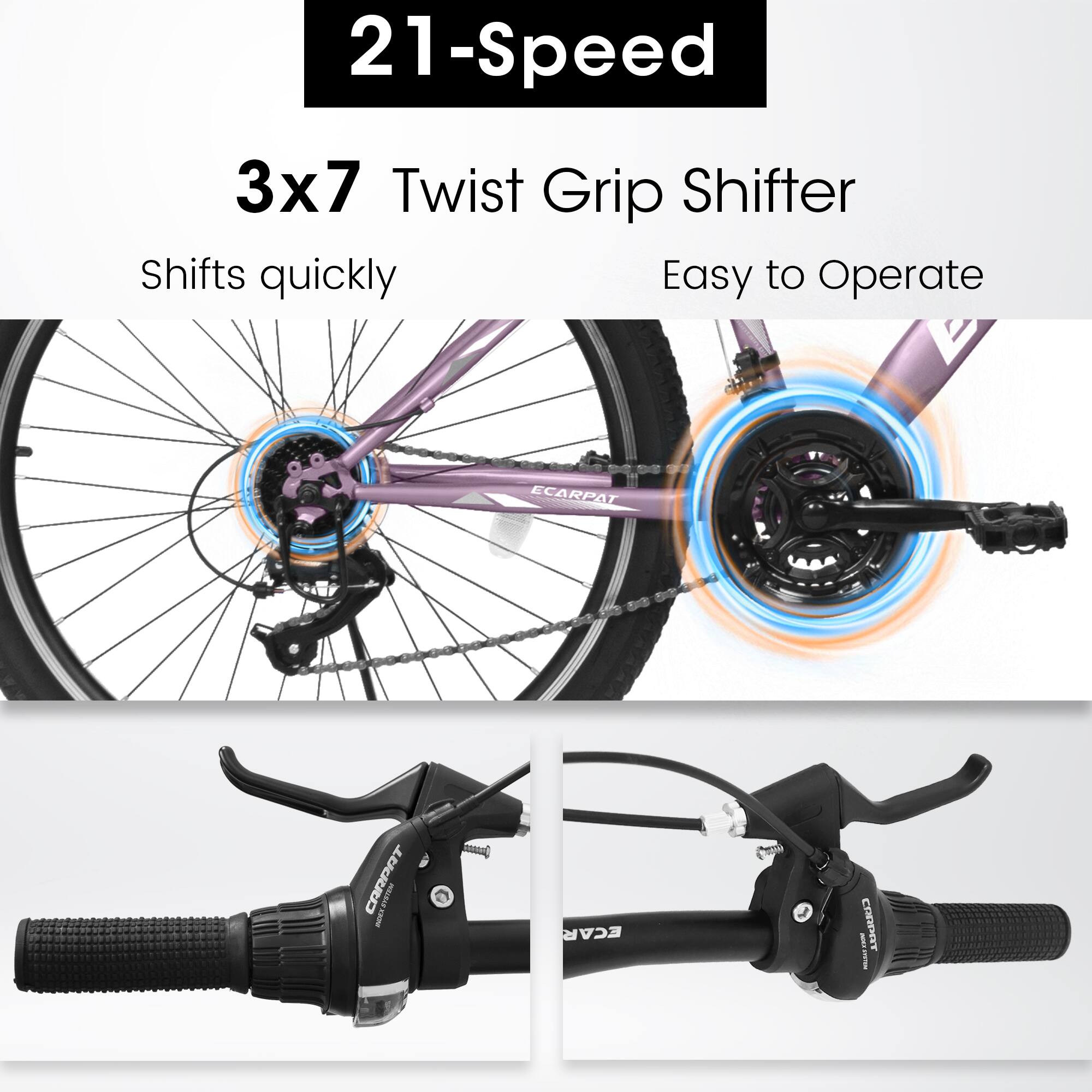 21-Speed  
3x7 Twist Grip Shifter  
Shifts quickly  
Easy to Operate  

ECARPAT