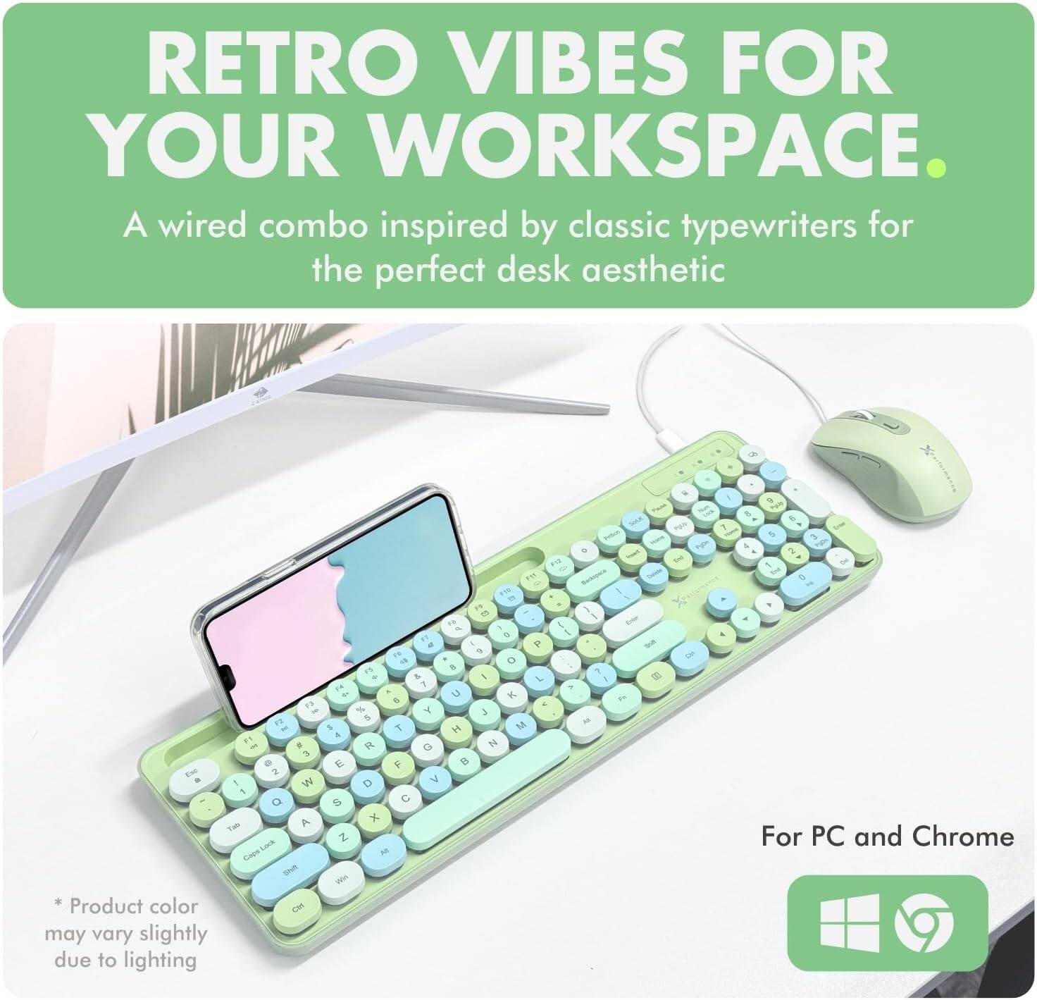 Retro vibes for your workspace. A wired combo inspired by classic typewriters for the perfect desk aesthetic. Product color may vary slightly due to lighting. For PC and Chrome.