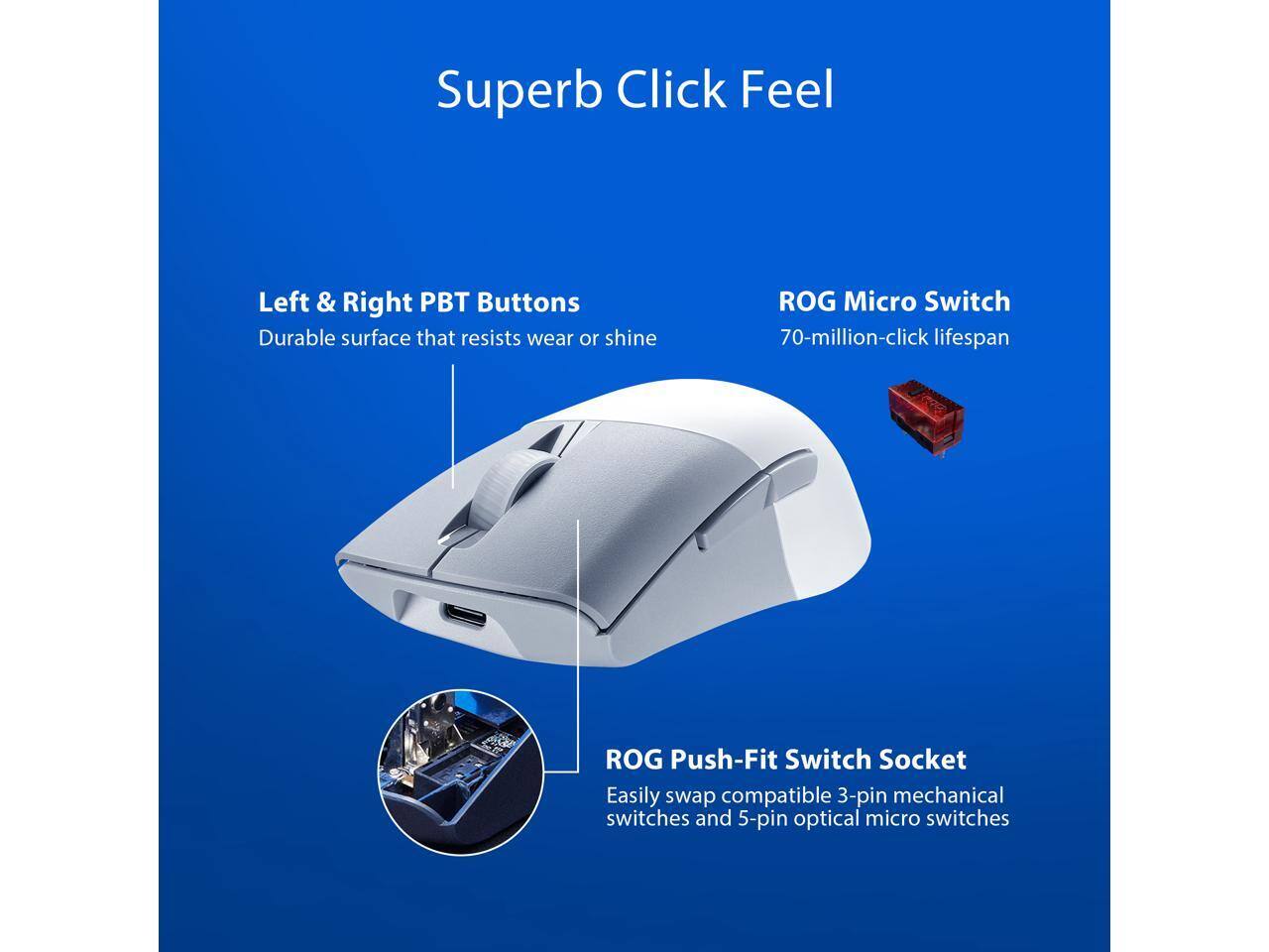 Superb Click Feel

- Left & Right PBT Buttons
  - Durable surface that resists wear or shine

- ROG Micro Switch
  - 70-million-click lifespan

- ROG Push-Fit Switch Socket
  - Easily swap compatible 3-pin mechanical switches and 5-pin optical micro switches