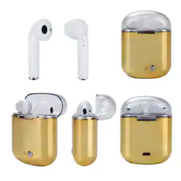 Stock Preferred - Clear Top Dual Chamber Wireless Bluetooth Earphones with Charging Box - Metallic Gold