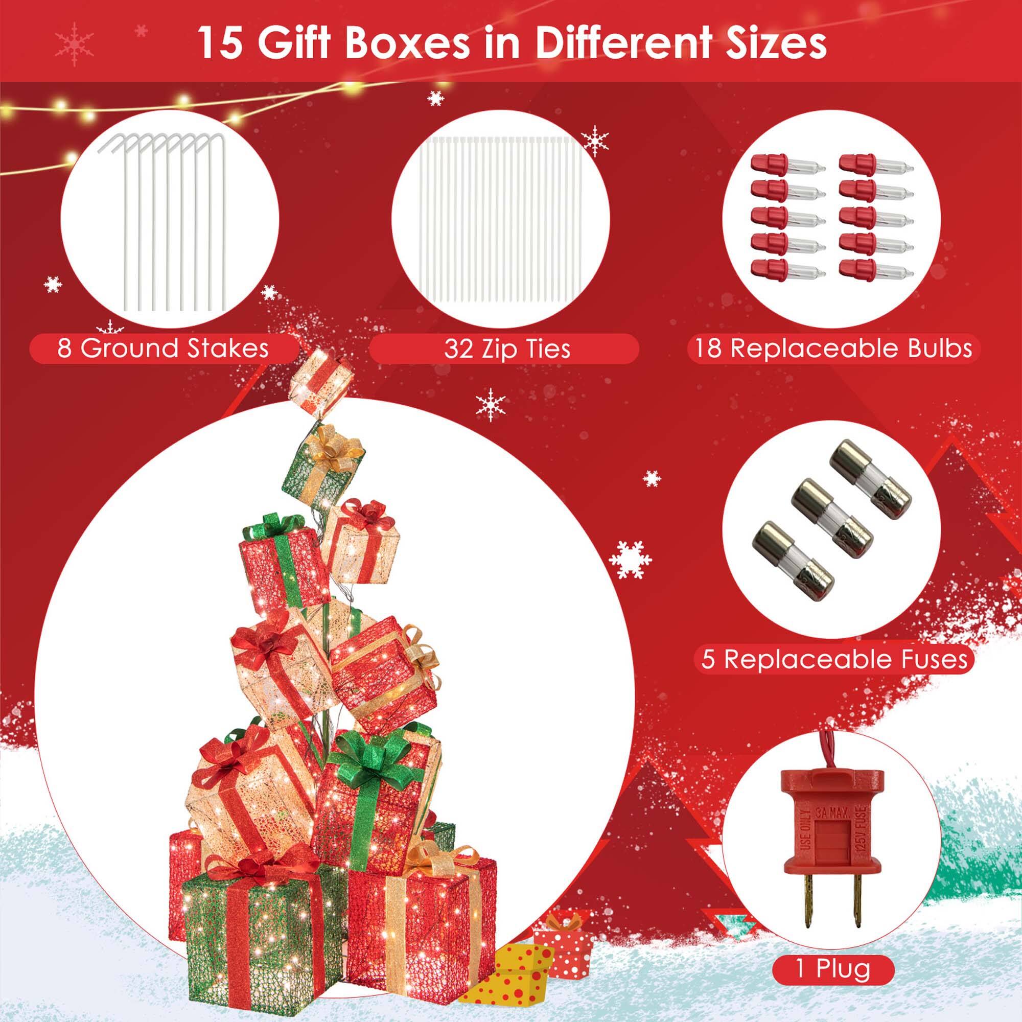 15 Gift Boxes in Different Sizes 8 Ground Stakes 32 Zip Ties 18 Replaceable Bulbs 5 Replaceable Fuses 1 Plug