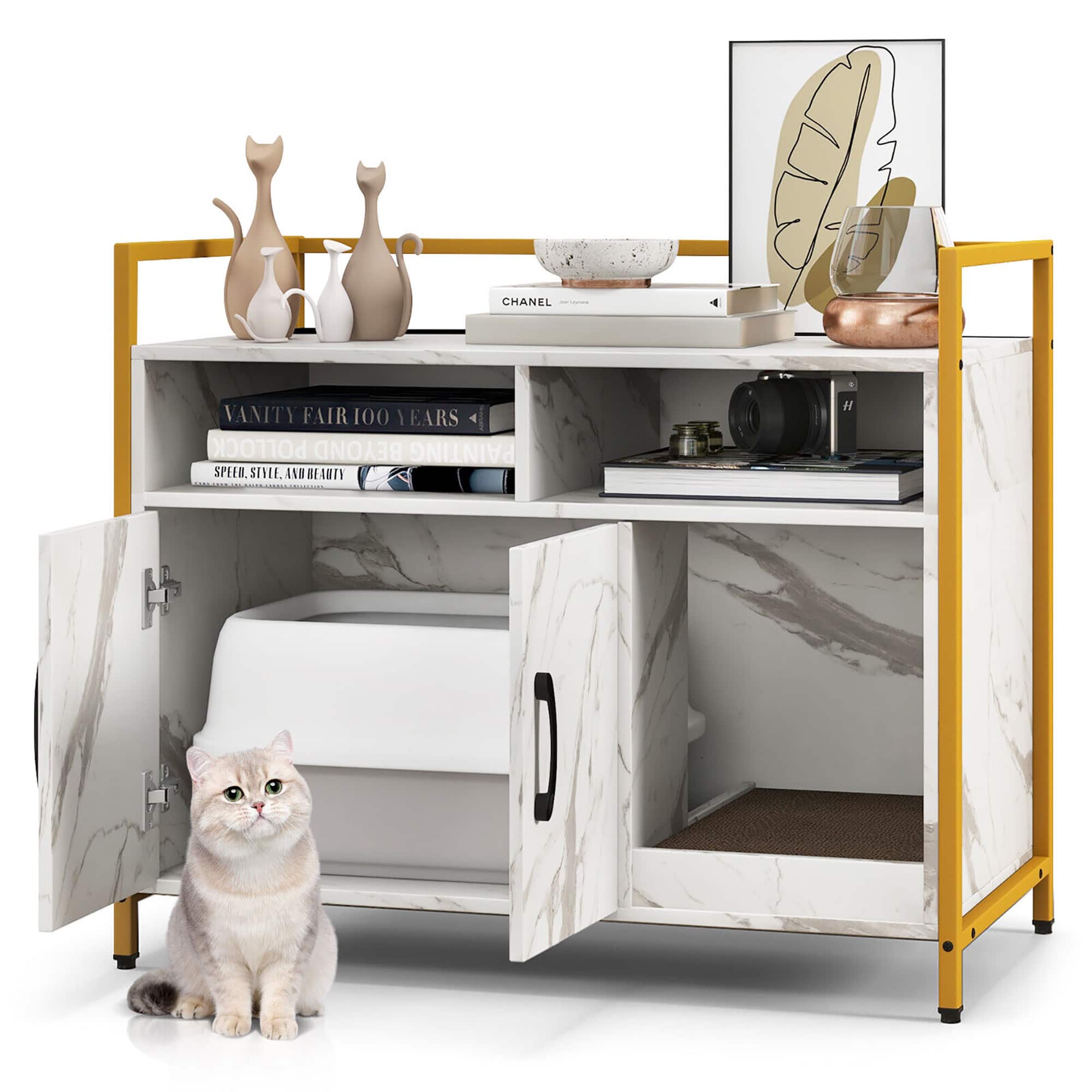 Gymax - Large Litter Box Enclosure Cat Wooden Storage Cabinet with 2 Doors - Marble White price history on PriceWatchPro