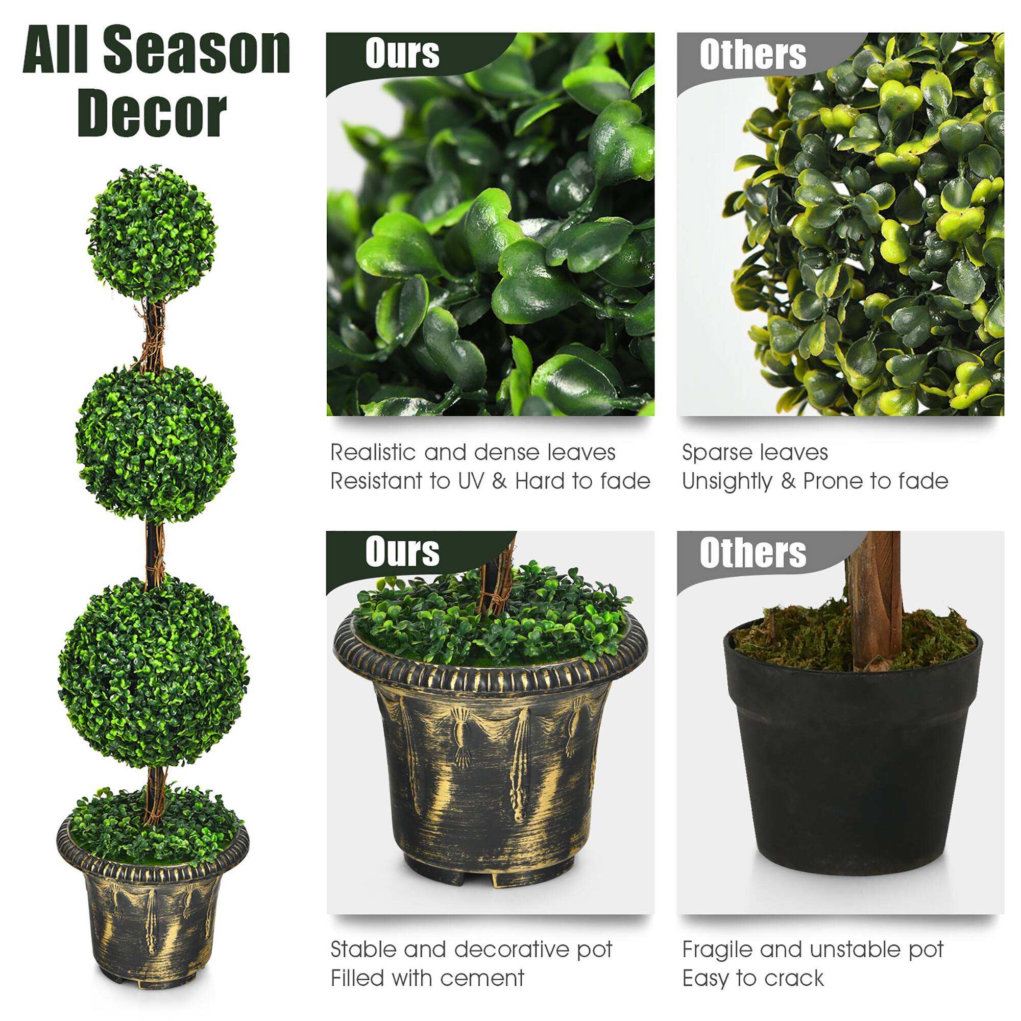 **All Season Decor**

**Ours**
- Realistic and dense leaves
- Resistant to UV & Hard to fade
- Stable and decorative pot
- Filled with cement

**Others**
- Sparse leaves
- Unsightly & Prone to fade
- Fragile and unstable pot
- Easy to crack