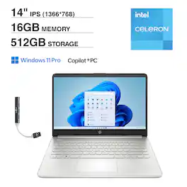 HP - 14 Laptop 14.0 HD Display (Intel Celeron N4500, 16GB DDR4, 512GB PCIe SSD, Intel UHD, Win 11 Pro)w/USB Hub - Snowflake White