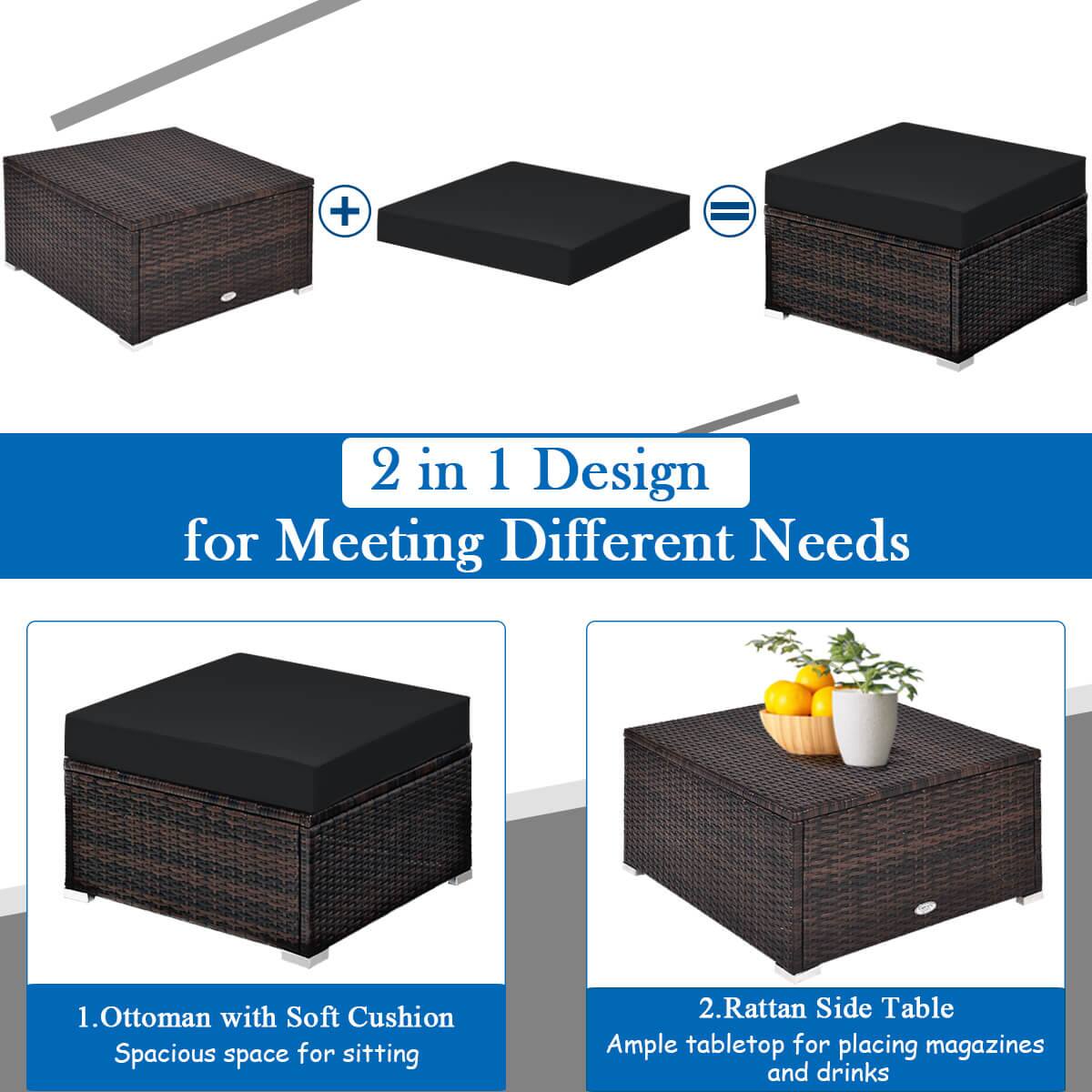 2 in 1 Design for Meeting Different Needs

1. Ottoman with Soft Cushion
   Spacious space for sitting

2. Rattan Side Table
   Ample tabletop for placing magazines and drinks