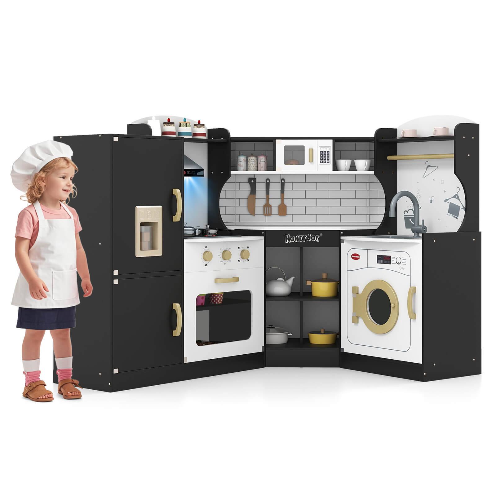 Front. Costway - Costway Corner Play Kitchen Toddler Kitchen Playset with Range Hood, Ice Maker, Microwave - Black.