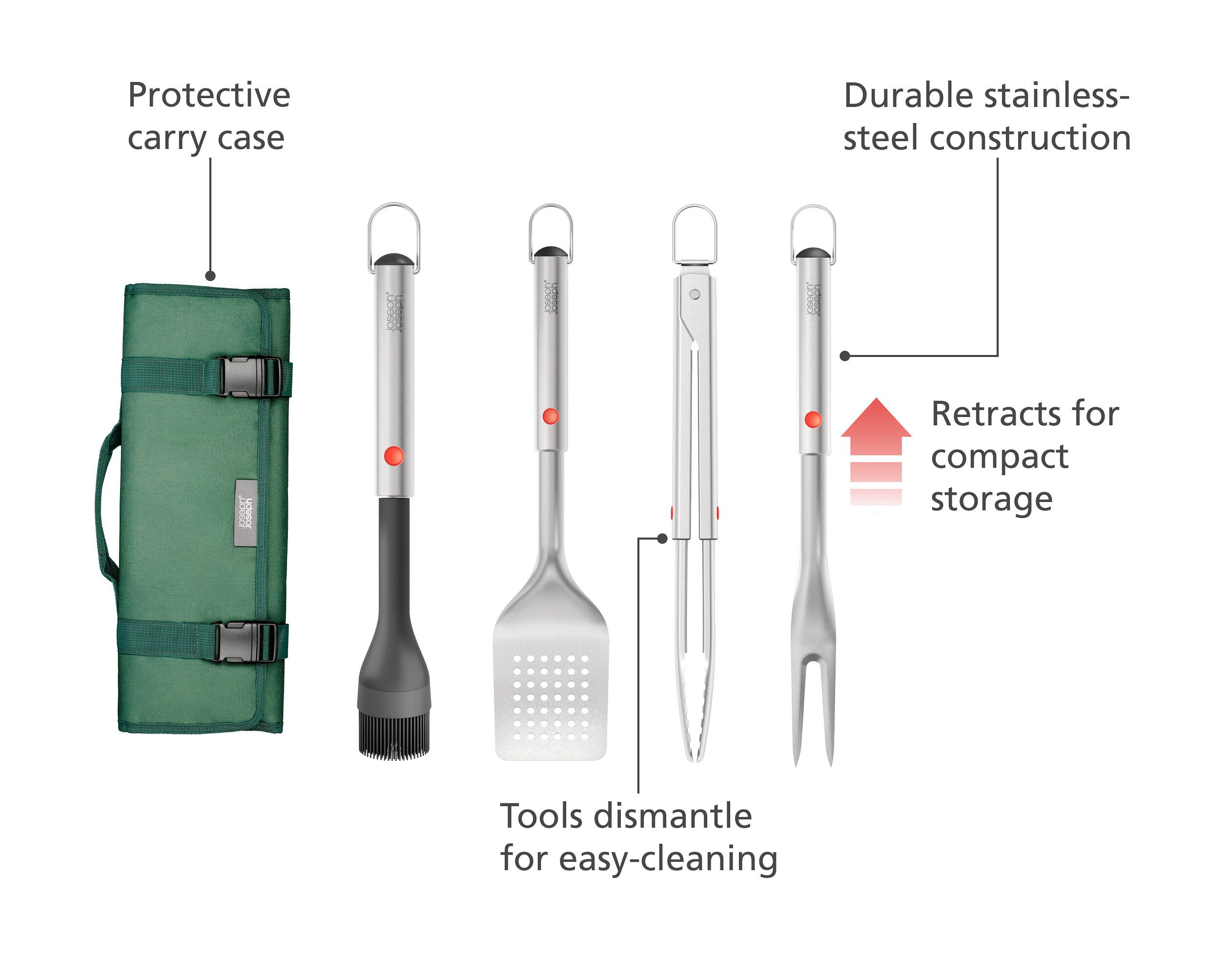 Protective carry case  
Durable stainless-steel construction  
Retracts for compact storage  
Tools dismantle for easy-cleaning