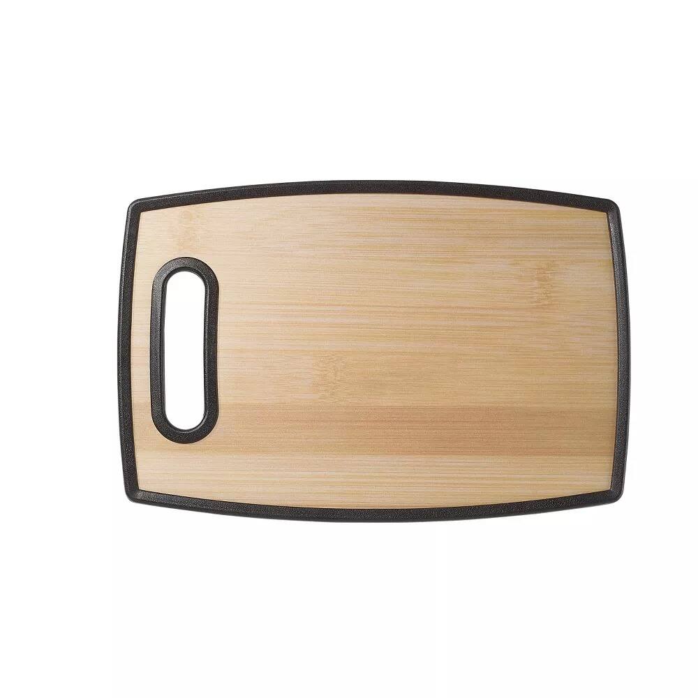 Left. Elle Decor - 8" × 12" Kitchen Cutting Board with Handle, Durable Bamboo‑Designed Plastic, Dishwasher Safe - Brown.