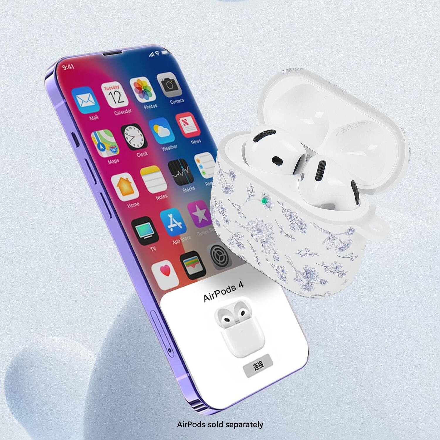 The image shows a cell phone with a case and AirPods 4. The phone is purple, and the case has a floral design. The AirPods are placed next to the phone, and the case is described as "cute." The image also shows a clock on the phone's screen.