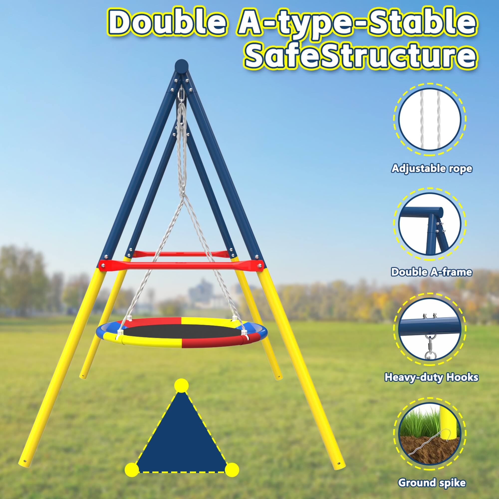 Double A-type-Stable SafeStructure

- Adjustable rope
- Double A-frame
- Heavy-duty Hooks
- Ground spike