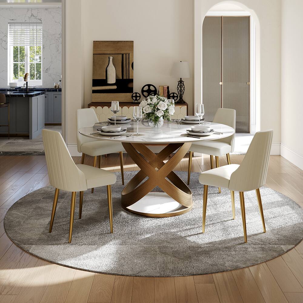 Angle. POVISON - 51" Modern White Round Dining Table for 4, Glossy Sintered Stone Tabletop with Bronze X Carbon Steel Base - White Glossy Sintered Stone with Bronze.