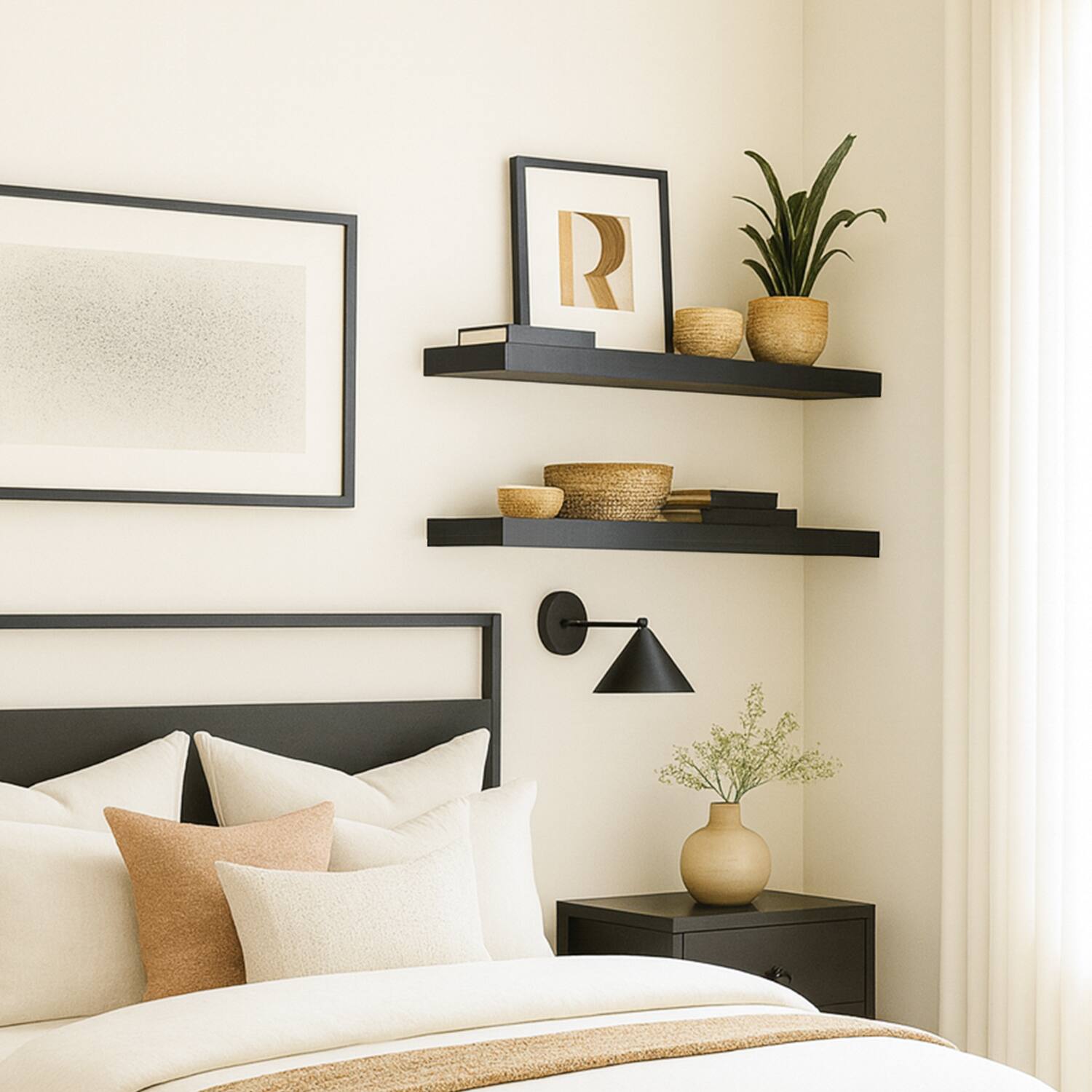 Alt View 1. BOMEDA - 2 Pack Floating Shelves for Wall, Wooden Wall Mounted Shelf for Bathroom or Room, Over Toilet Organizer, 24x7x1.5 in - Black.