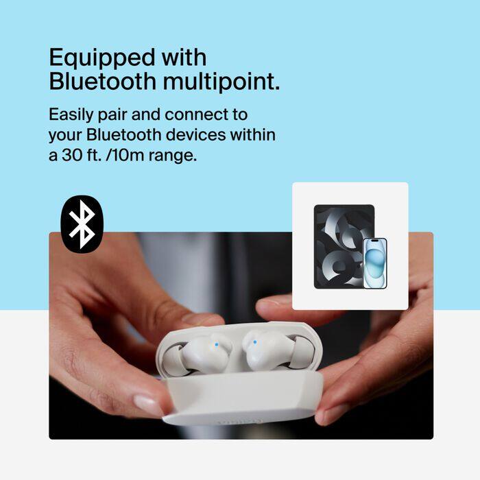Equipped with Bluetooth multipoint. Easily pair and connect to your Bluetooth devices within a 30 ft. /10m range.