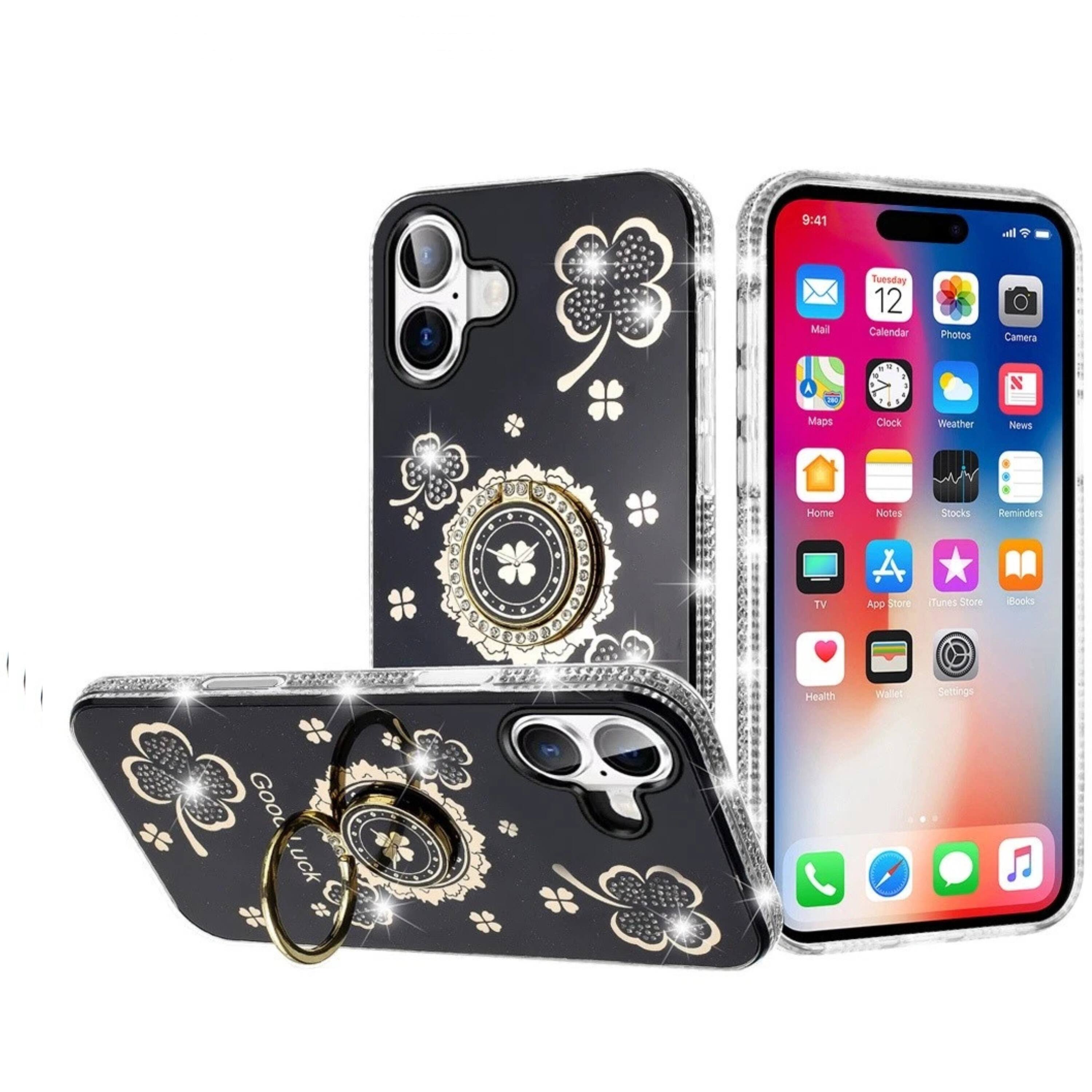 Kitcheniva Crystal Studded Clover Bling Ring Stand Phone Case With ...