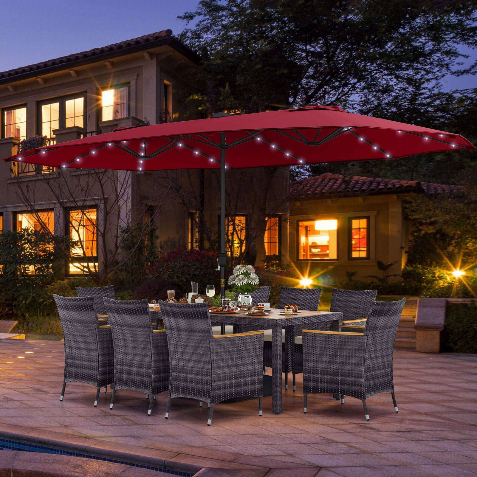 Alt View 4. Costway - 11 PCS Patio Dining Set with 15 ft Double-Sided Patio Umbrella 8 Armchairs - Mix Gray,Beige,Wine.