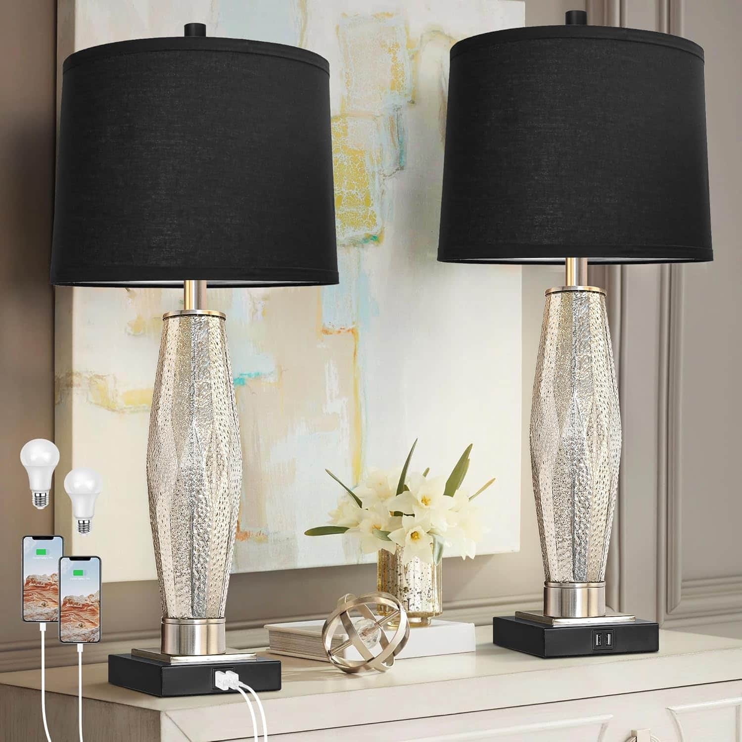 Akoasm - Glass Bedside Lamps Table Lamps with USB A+C Charging Ports and Rotary Switches, Set of 2 (LED Bulbs Included)