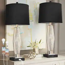 Akoasm - Glass Bedside Lamps Table Lamps with USB A+C Charging Ports and Rotary Switches, Set of 2 (LED Bulbs Included)