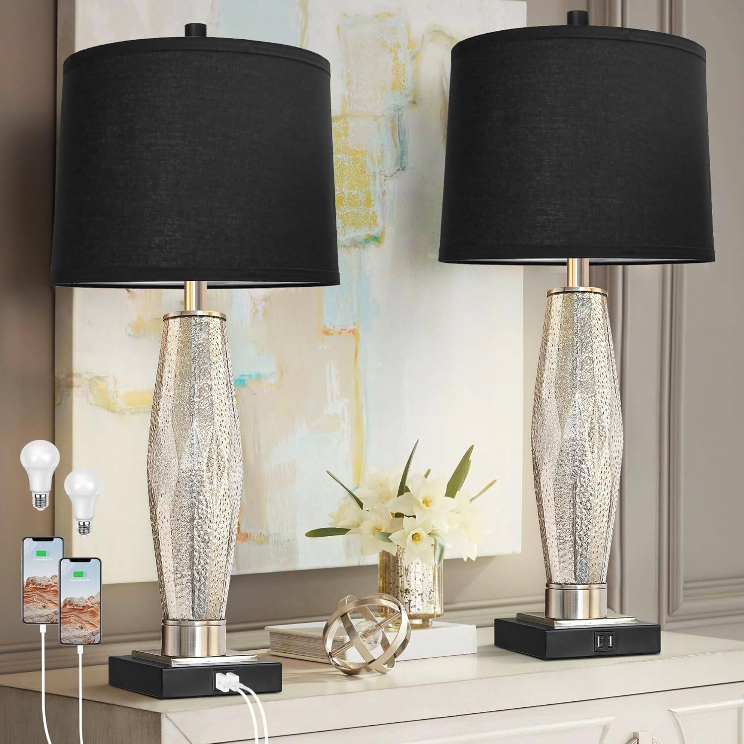 Front. Akoasm - Glass Bedside Lamps Table Lamps with USB A+C Charging Ports and Rotary Switches, Set of 2 (LED Bulbs Included).