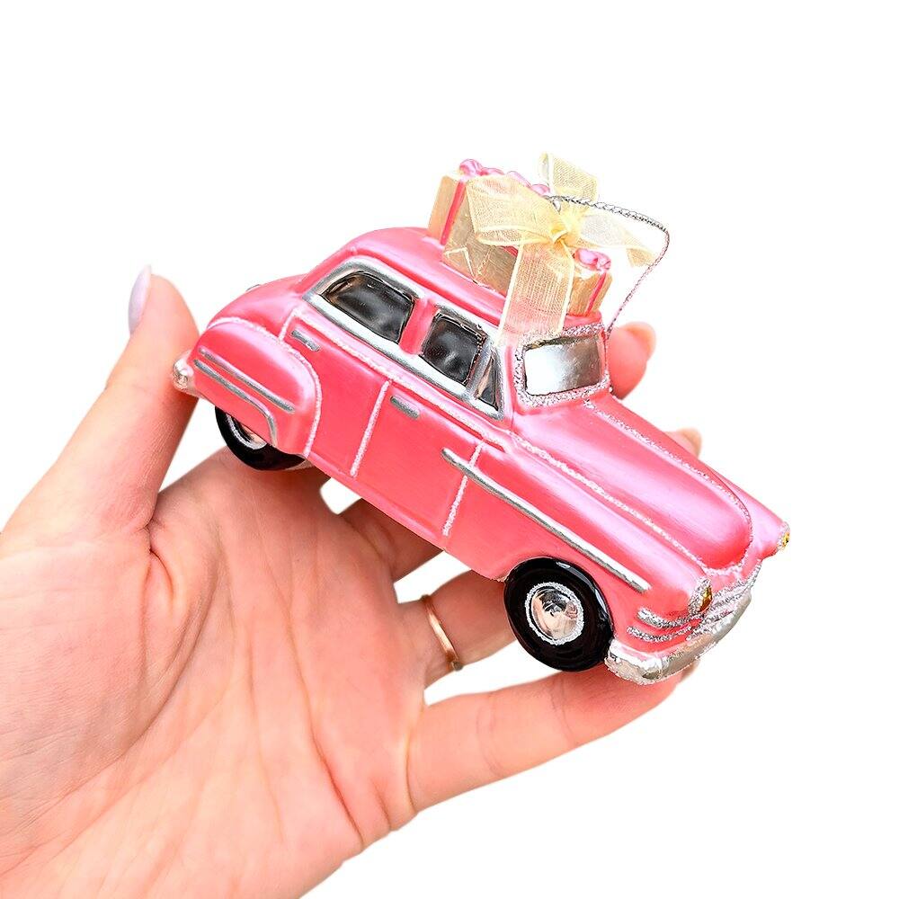 Back. OrnamentallyYou - Nostalgic Pink Car Glass Christmas Ornament Vintage Classic Tree Decor - Multi-colored.