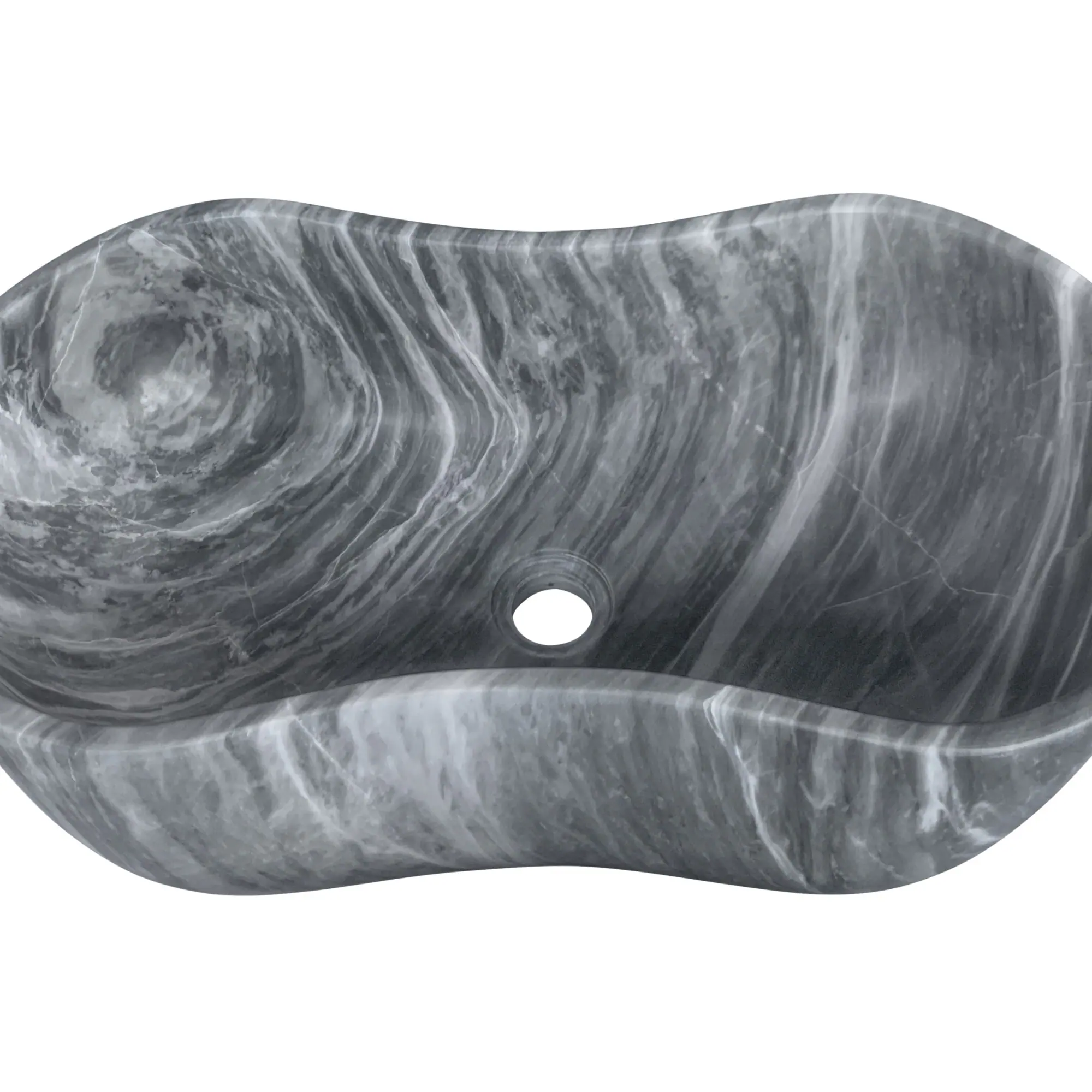 Angle. ELEMENT ACE - Natural Gray Marble Bathroom Vessel Sink with Semi-Polished Surface and Wavy Silhouette Design - Gray.
