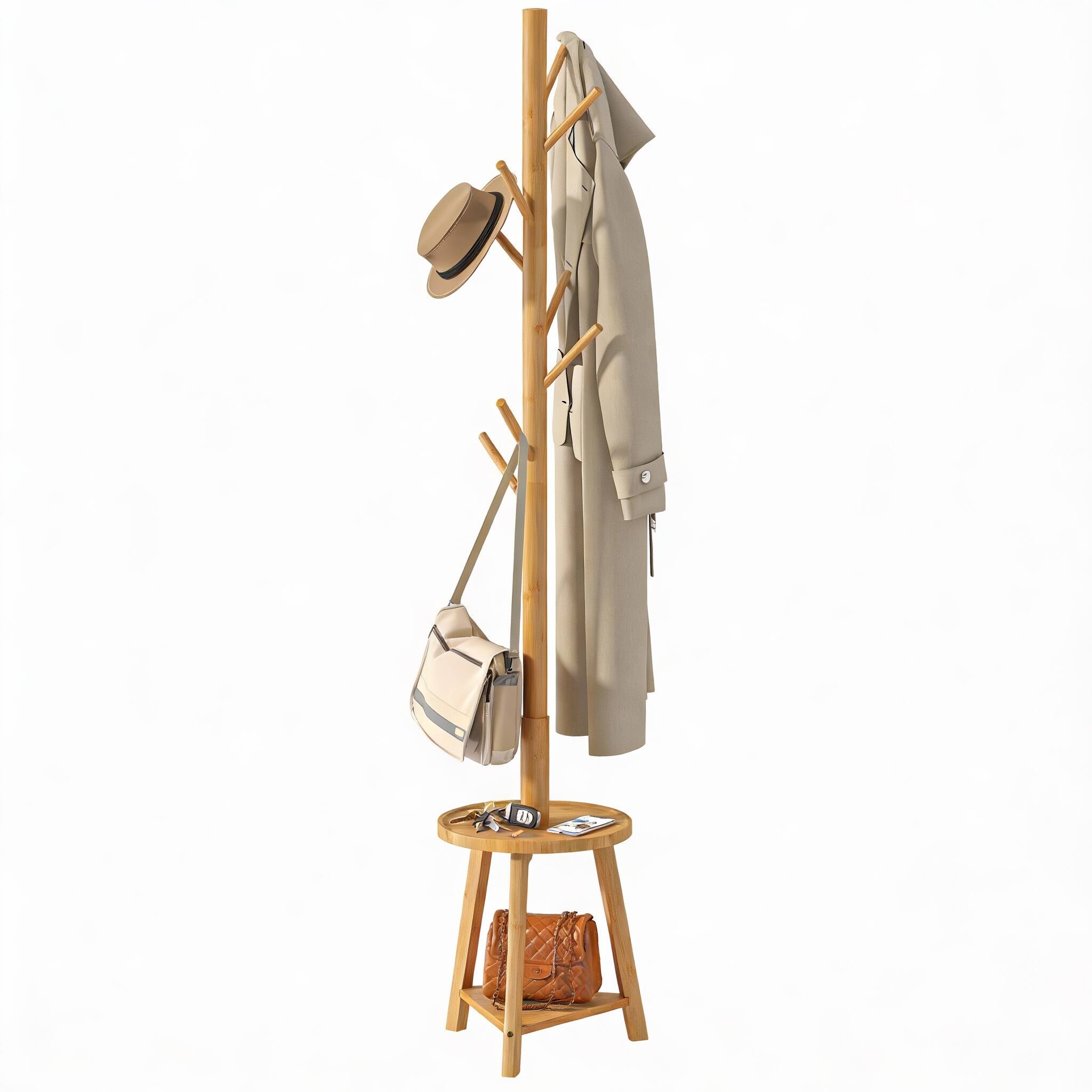 Front. Frangdom - Freestanding Coat Rack 8 Hooks 2 Shelves Tray 4 Height Settings - NATURE 13.2"D x 13.2"W x 73.2"H.