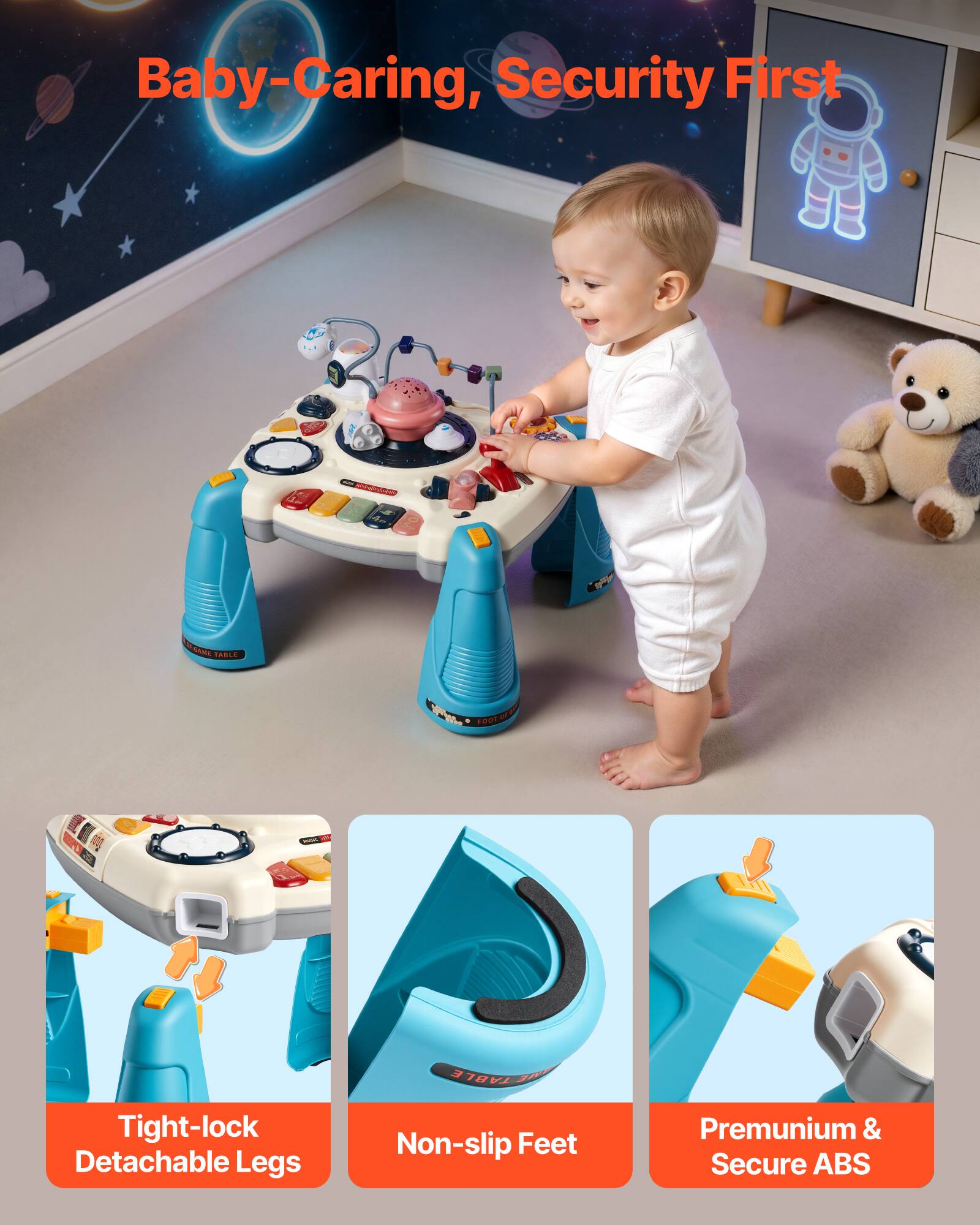 Baby-Caring, Security First

- Tight-lock Detachable Legs
- Non-slip Feet
- Premium & Secure ABS