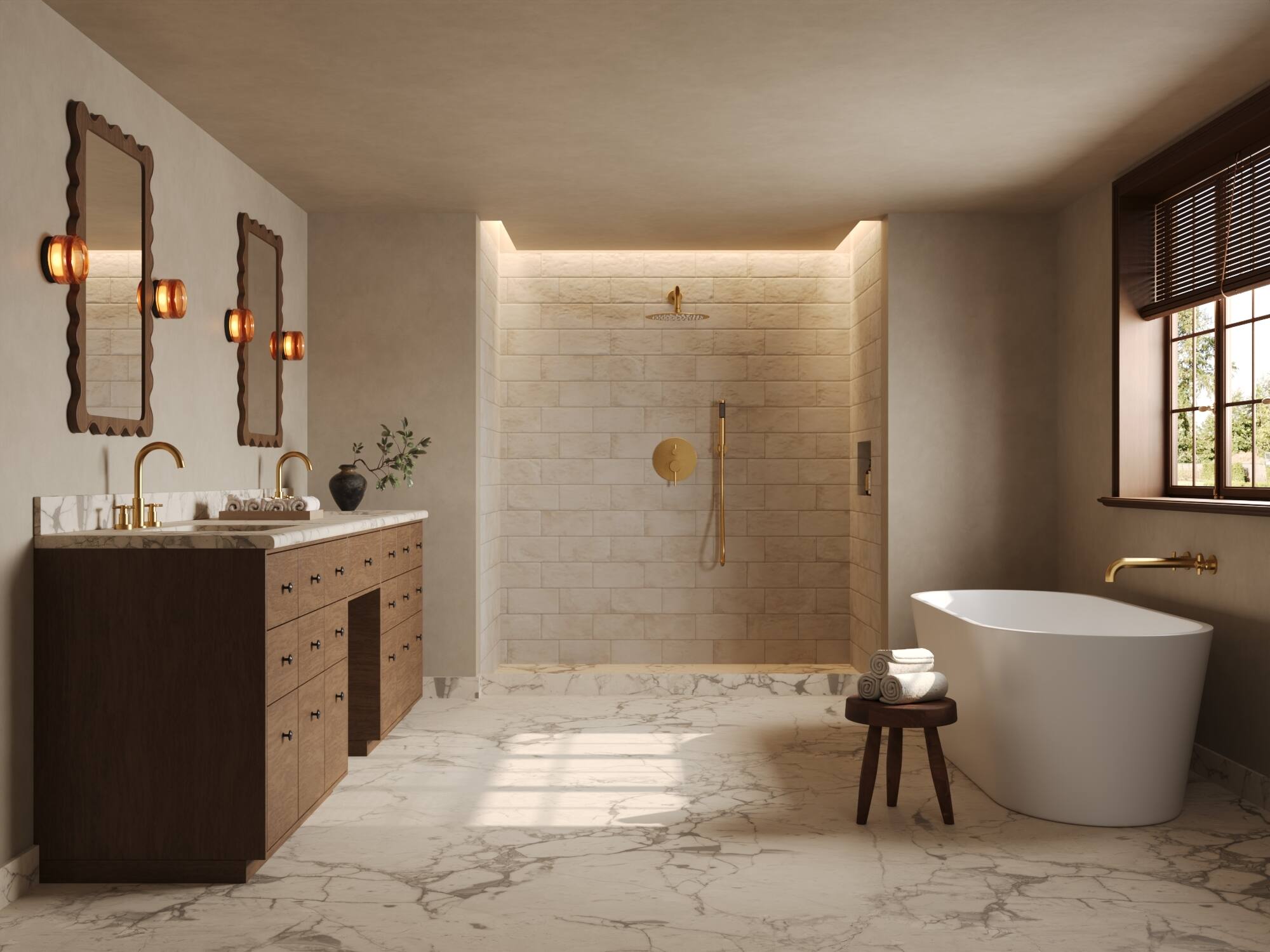 Left. GRANDJOY - Wall-Mounted Bathtub Faucet Dual Handle Tub Filler High Flow Anti-Fingerprint Finish Modern Bathroom - Brushed Gold.