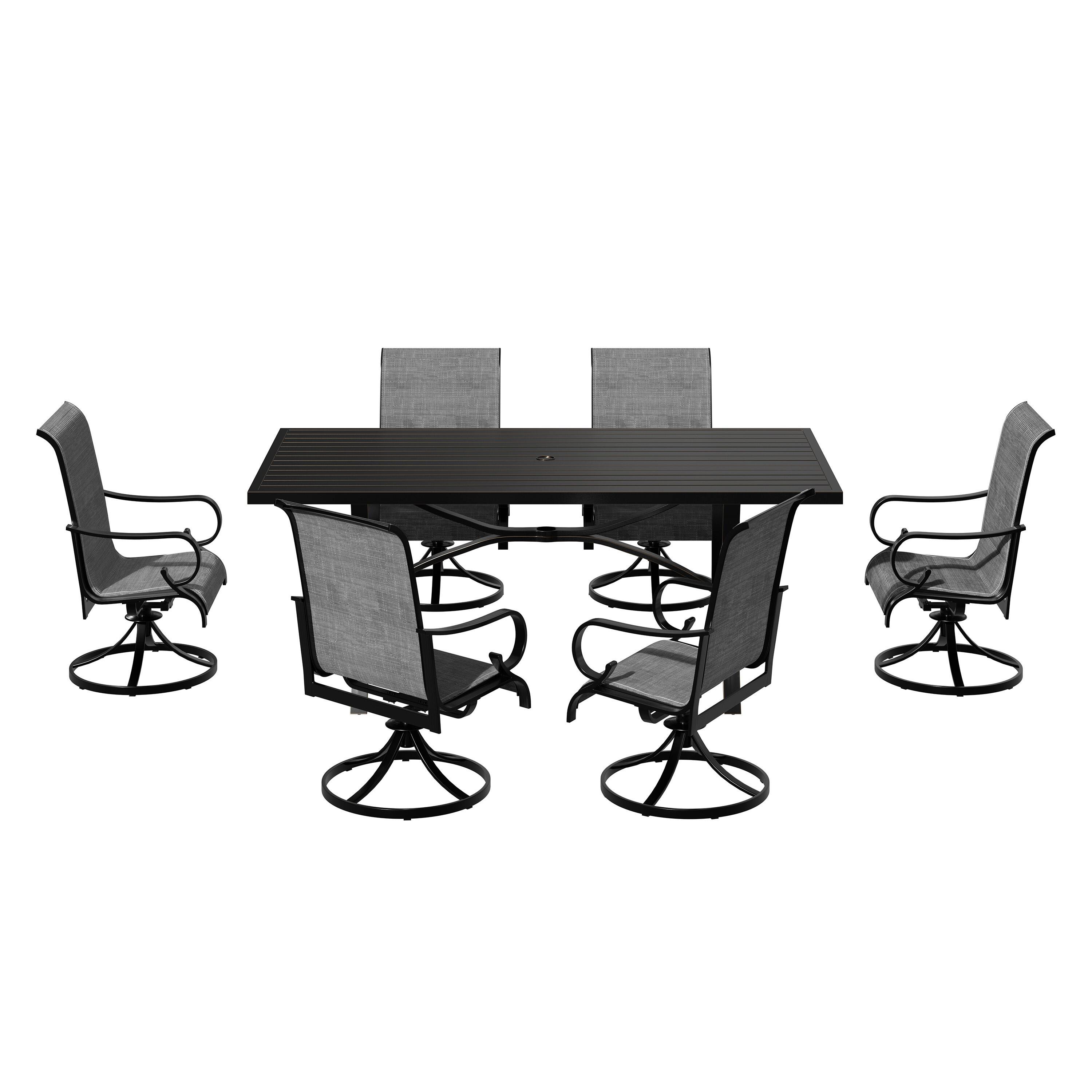 Back. Mondawe - 7-Piece Outdoor Dining Set with Swivel Chairs - Black+Grey.
