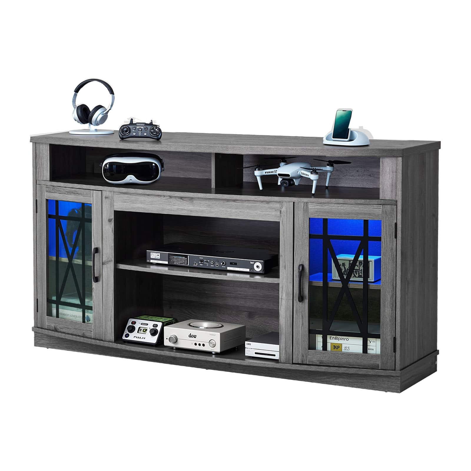 Glintex - TV Cabinet, Farmhouse Entertainment Center for Up to 65" TVs, LED Light Strip, Glass Doors, Adjustable Storage Shelves - Gray