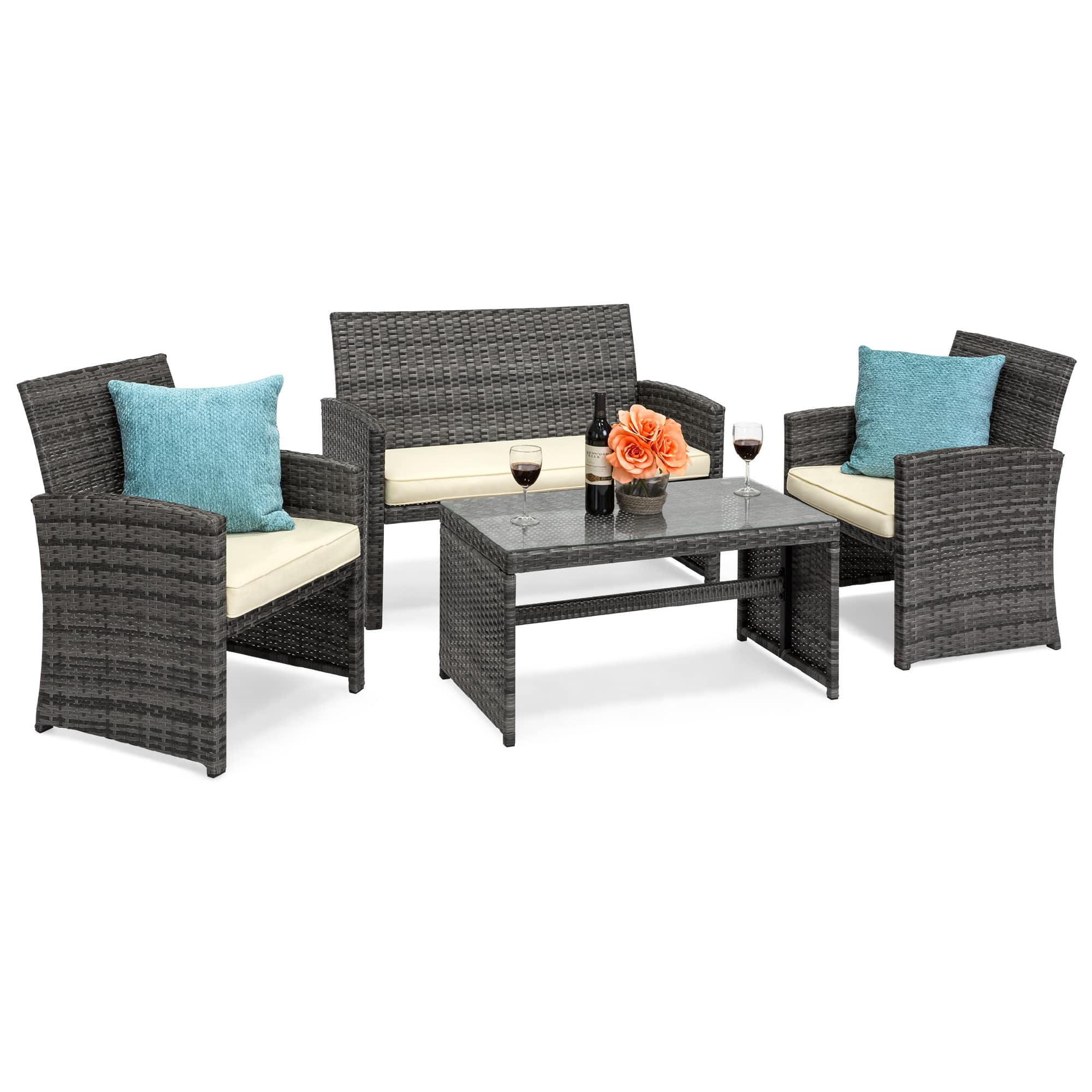 Front. Best Choice Products - Best Choice Products 4-Piece Outdoor Wicker Patio Conversation Furniture Set w/ Table, Cushions - Gray/Cream - Gray/Cream.