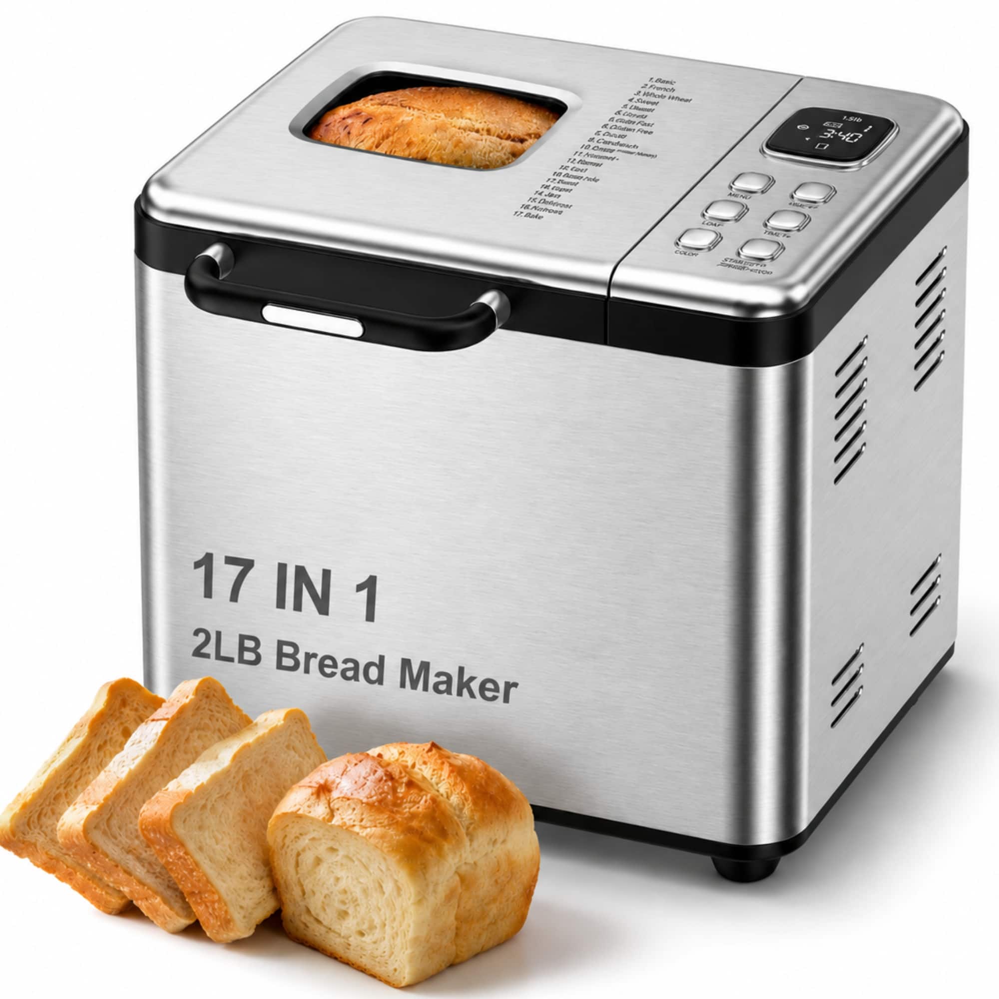 AMUMU - 2LB Dough & Bread Maker Machine 17-in-1 Automatic Bread Machine Nonstick Pan Stainless Steel Delay Timer - Silver