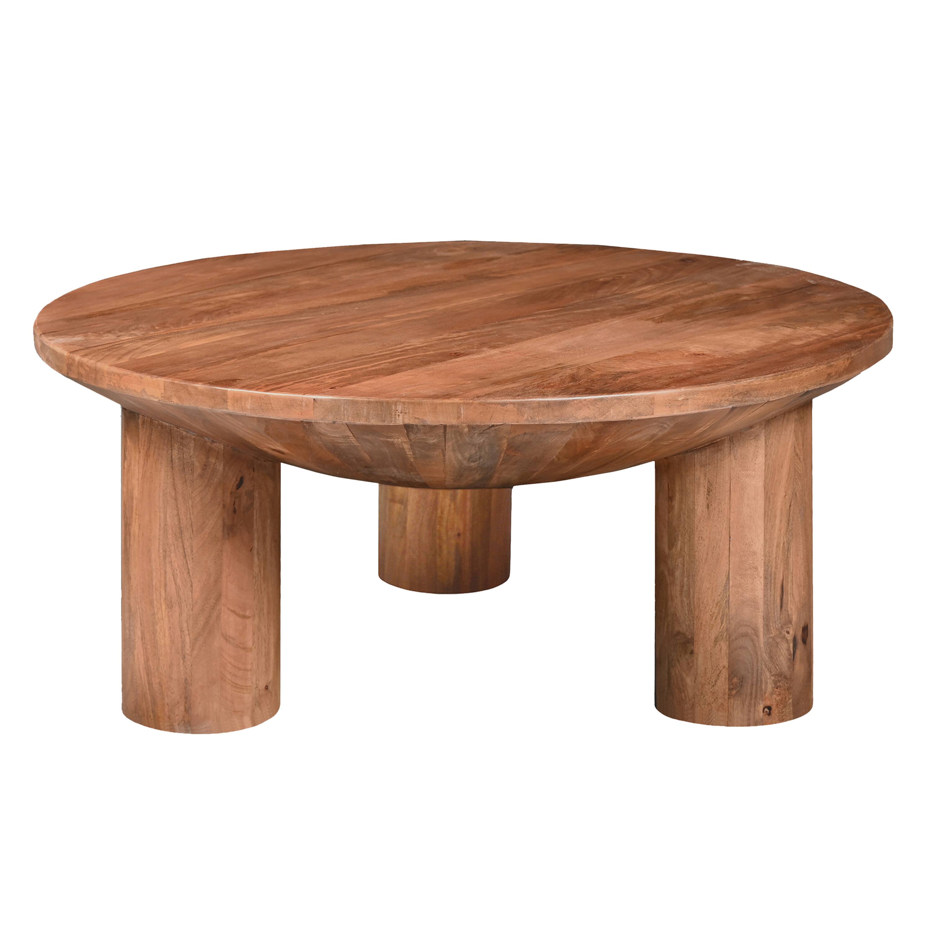 Alt View 1. Manhattan Lane - Meridian Coffee Table, 38 Inch Round Top, 3 Column Pillar Legs, Natural Brown Mango Wood - Natural Brown.
