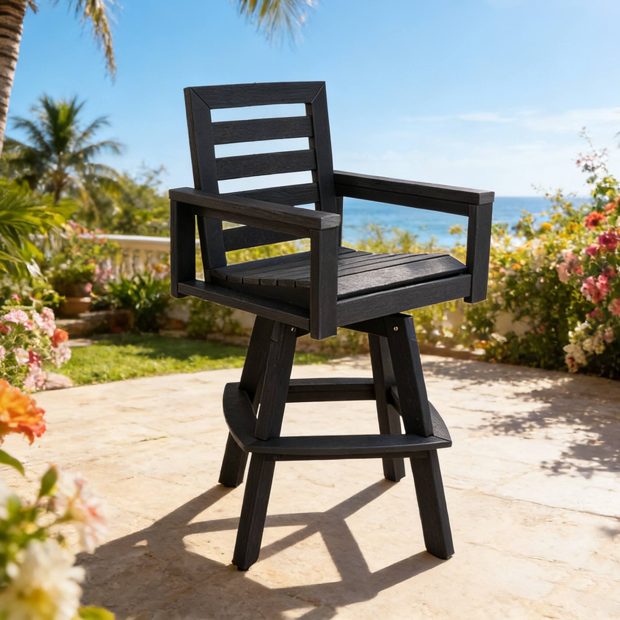 Angle. Mondawe - Outdoor 360° Swivel Bar Stool with Ladderback, HDPE Bar Chair - Black.