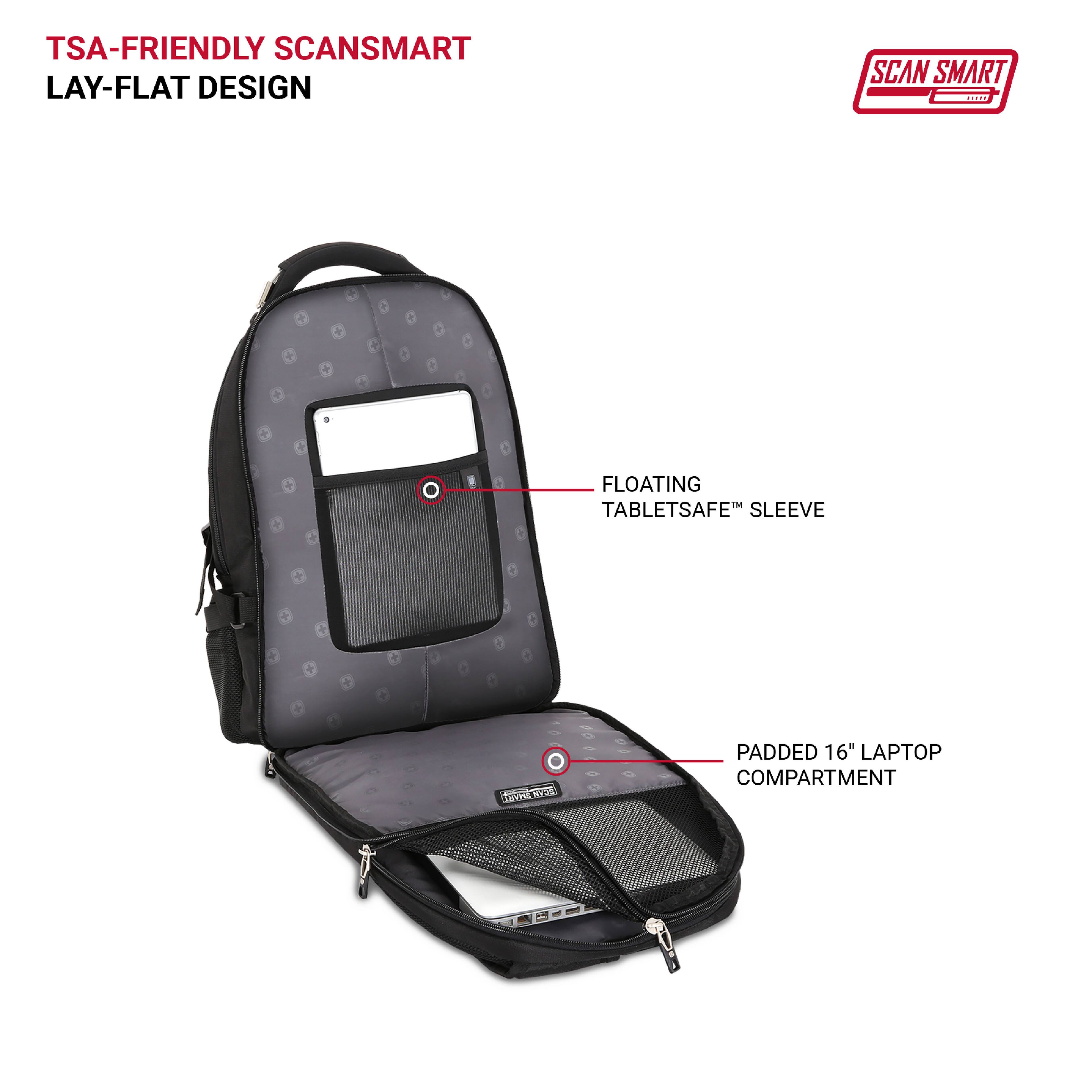 TSA-Friendly Scansmart Lay-Flat Design: This backpack features a lay-flat design that makes it easy to scan at airport security checkpoints. The design allows the backpack to be laid flat on the conveyor belt, reducing the risk of damage or theft.

Scansmart AAALS Floating Tabletsafe Sleeve: The backpack also comes with a floating tabletsafe sleeve that protects the tablet from damage and provides a secure place to store it.

Padded 16" Laptop Compartment: The backpack has a padded compartment that can accommodate a 16" laptop, ensuring that it is well-protected during transport.

Scan Smart: The backpack is designed to be scan smart, which means it is made with materials that are easy to scan and do not trigger metal detectors. This makes it a convenient choice for travelers who want to avoid delays or inconveniences at airport security checkpoints.
