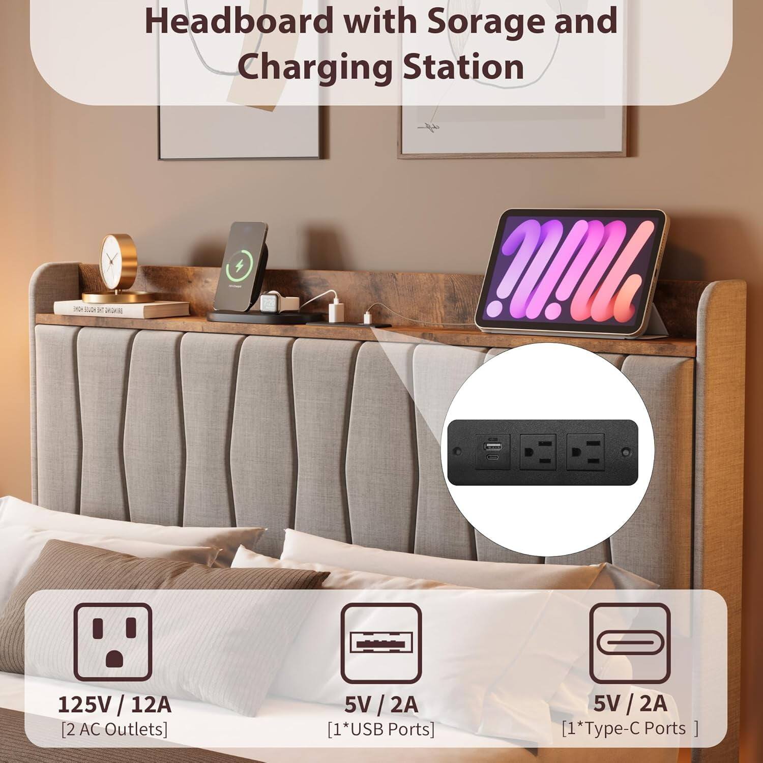 Headboard with Storage and Charging Station

125V / 12A [2 AC Outlets]

5V / 2A [1*USB Ports]

5V / 2A [1*Type-C Ports]