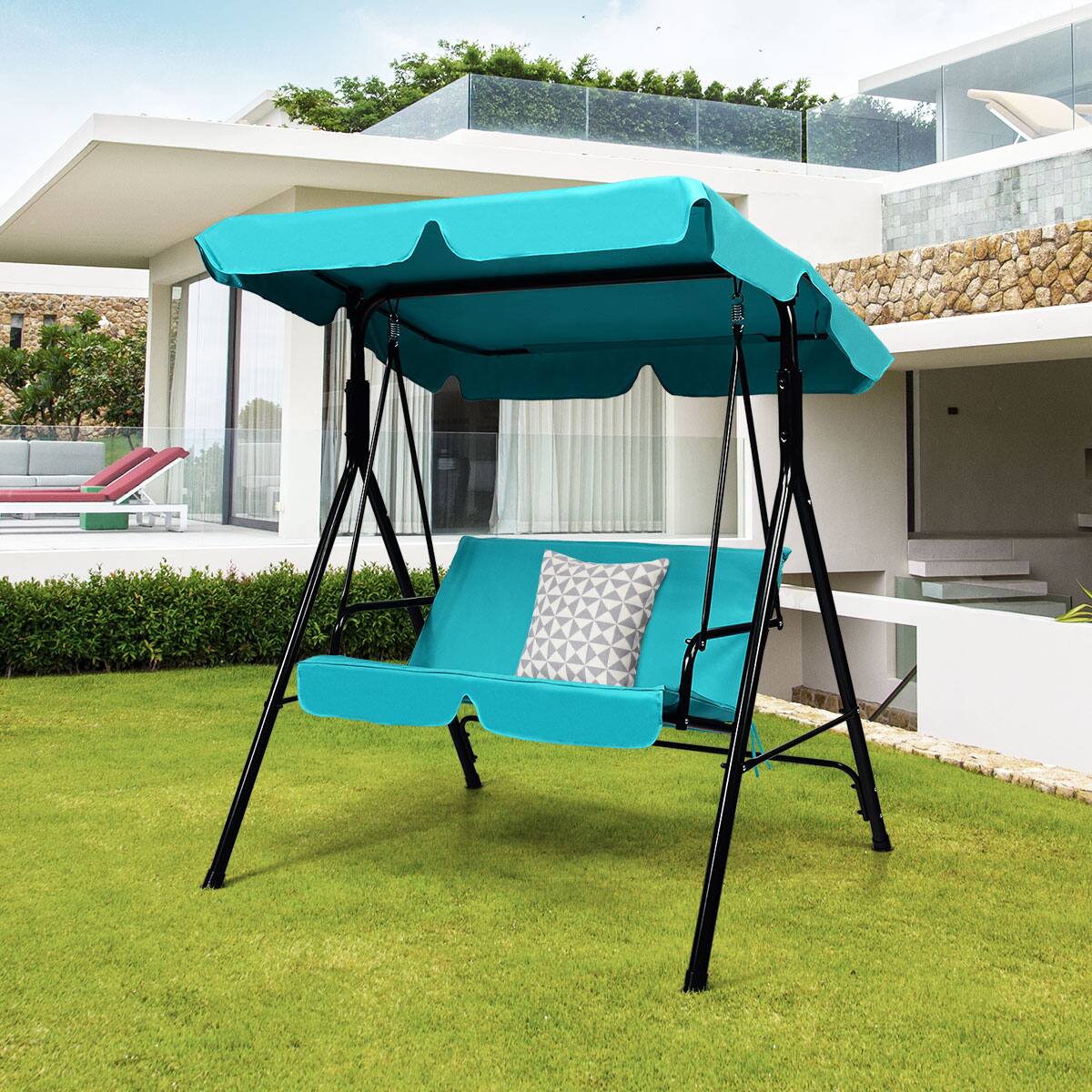 Alt View 1. Costway - Costway Loveseat Patio Canopy Swing Glider Hammock Cushioned Steel Frame Outdoor - Blue.