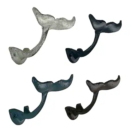 Front. Zeckos - Zeckos Colorful Coastal Cast Iron Whale Tail Set of 4 Wall Hooks - Natural.