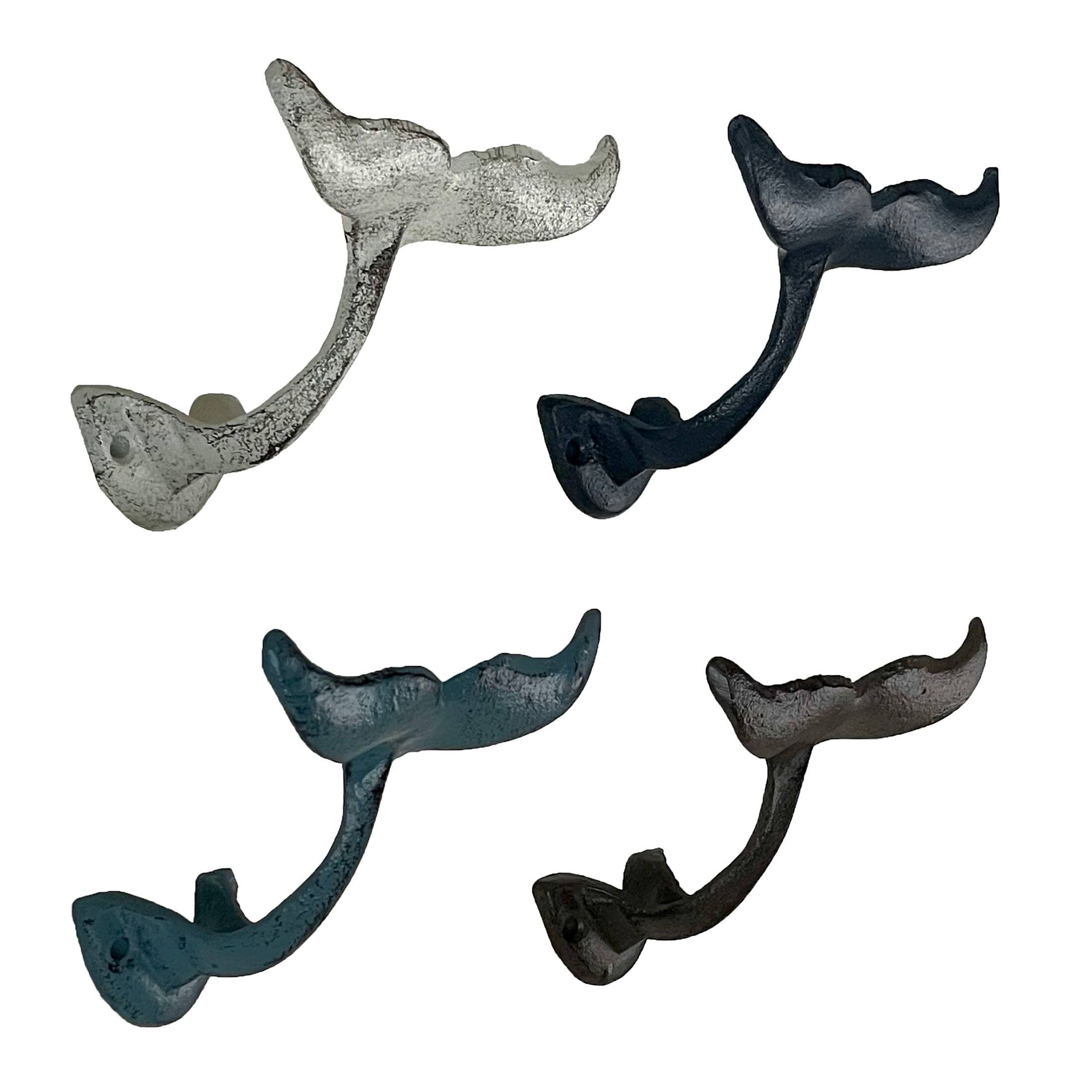 Zeckos - Colorful Coastal Cast Iron Whale Tail Set of 4 Wall Hooks - Natural